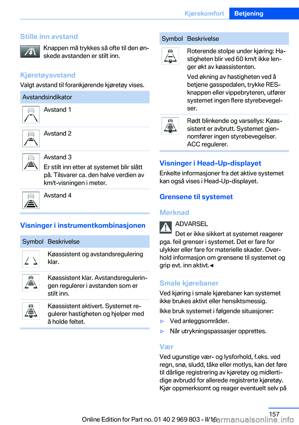 BMW X5 2016 InstruksjonsbØker (in Norwegian) Stille inn avstandKnappen må trykkes så ofte til den øn‐
skede avstanden er stilt inn.
Kjøretøyavstand Valgt avstand til forankjørende kjøretøy vises.AvstandsindikatorAvstand 1Avstand 2Avsta BMW X5 2016 InstruksjonsbØker (in Norwegian) Stille inn avstandKnappen må trykkes så ofte til den øn‐
skede avstanden er stilt inn.
Kjøretøyavstand Valgt avstand til forankjørende kjøretøy vises.AvstandsindikatorAvstand 1Avstand 2Avsta