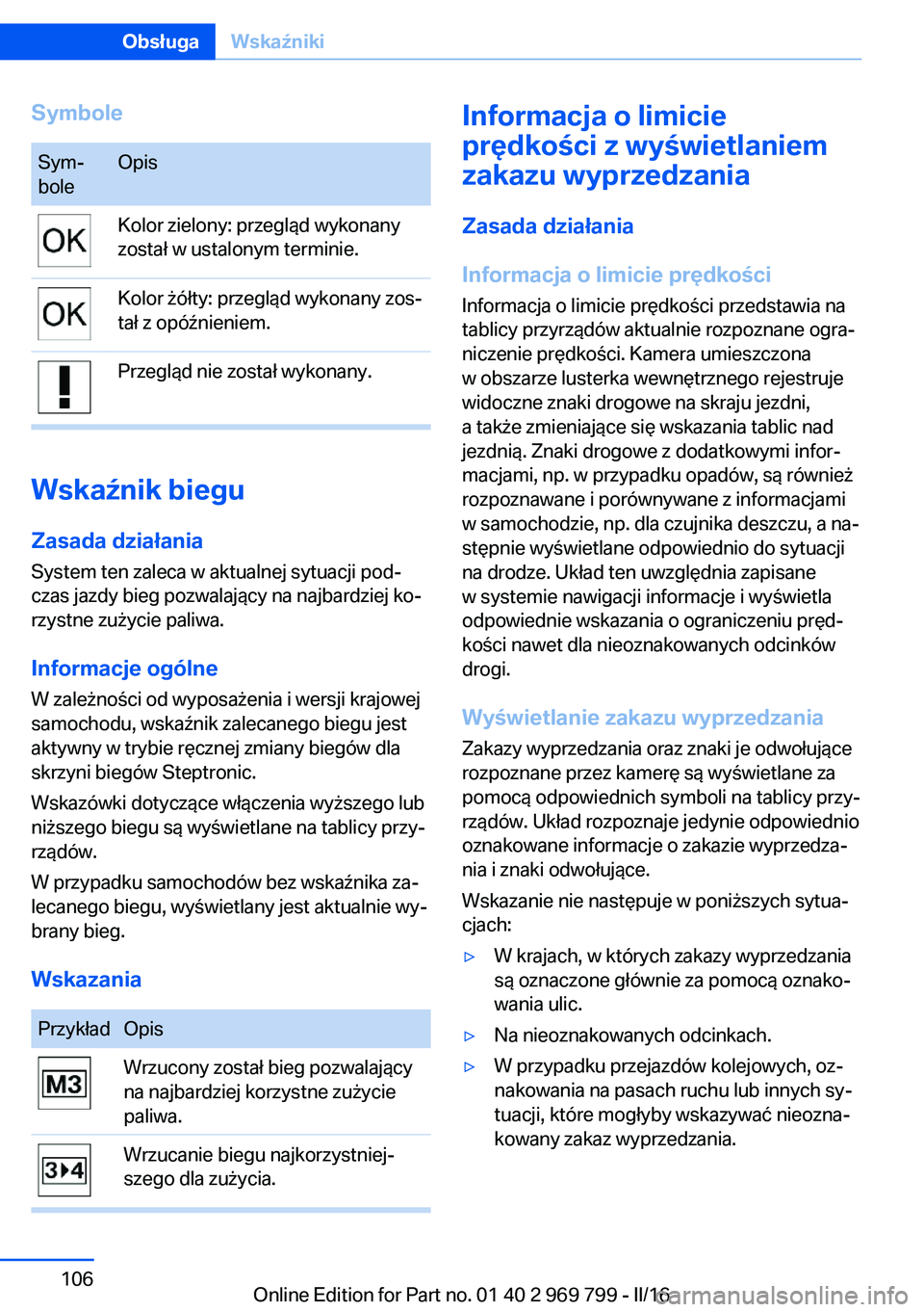 BMW X5 2016  Instrukcja obsługi (in Polish) SymboleSym‐
boleOpisKolor zielony: przegląd wykonany
został w ustalonym terminie.Kolor żółty: przegląd wykonany zos‐
tał z opóźnieniem.Przegląd nie został wykonany.
Wskaźnik biegu
Zasa