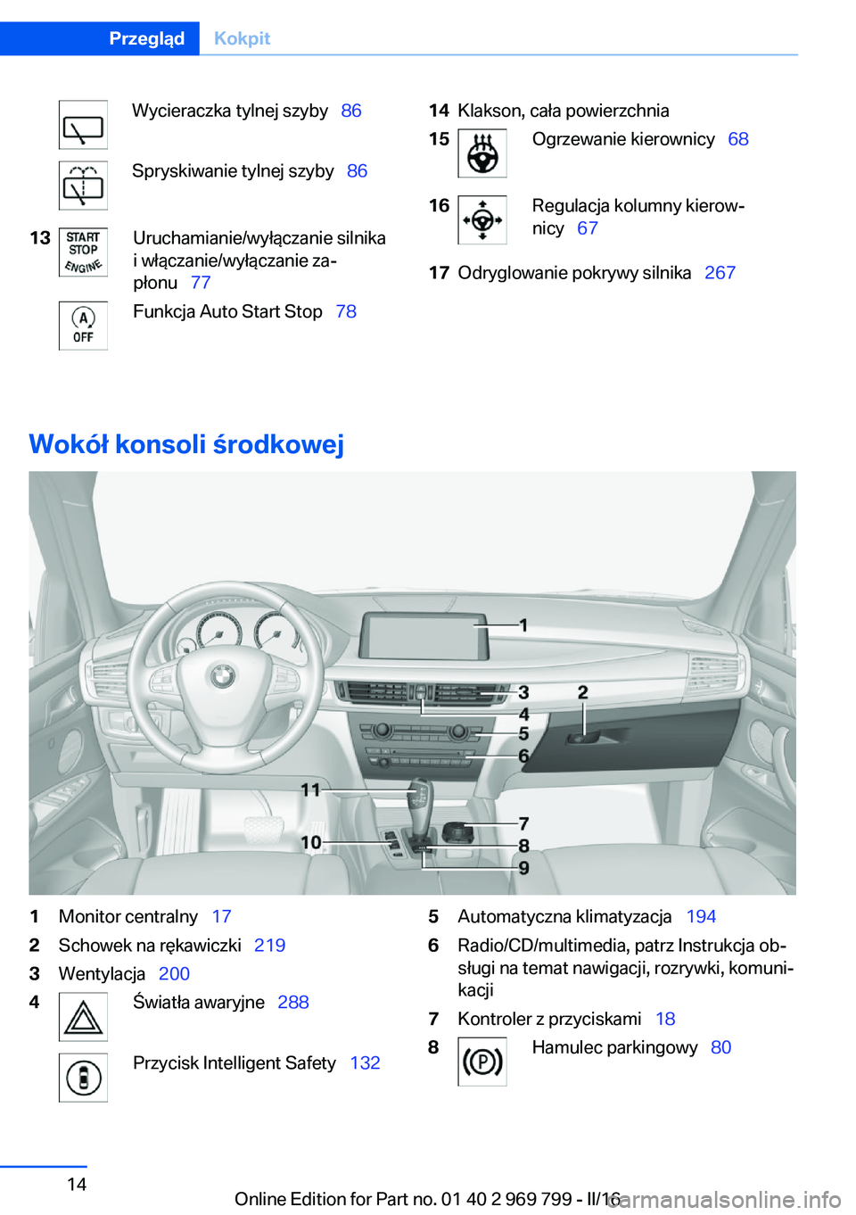BMW X5 2016 Instrukcja obsługi (in Polish) Wycieraczka tylnej szyby 86Spryskiwanie tylnej szyby 8613Uruchamianie/wyłączanie silnika
i włączanie/wyłączanie za‐
płonu 77Funkcja Auto Start Stop 7814Klakson, cała p BMW X5 2016 Instrukcja obsługi (in Polish) Wycieraczka tylnej szyby 86Spryskiwanie tylnej szyby 8613Uruchamianie/wyłączanie silnika
i włączanie/wyłączanie za‐
płonu 77Funkcja Auto Start Stop 7814Klakson, cała p