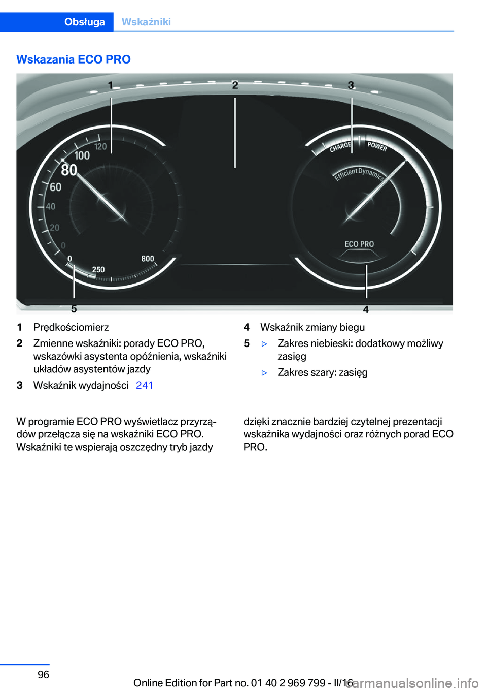 BMW X5 2016  Instrukcja obsługi (in Polish) Wskazania ECO PRO1Prędkościomierz2Zmienne wskaźniki: porady ECO PRO,
wskazówki asystenta opóźnienia, wskaźniki
układów asystentów jazdy3Wskaźnik wydajności   2414Wskaźnik zmiany biegu