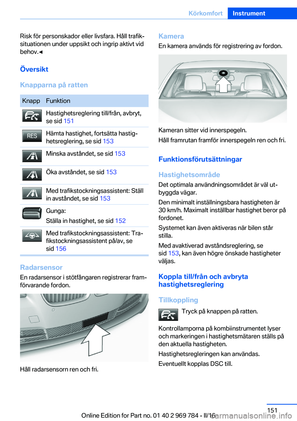 BMW X5 2016 InstruktionsbÖcker (in Swedish) Risk för personskador eller livsfara. Håll trafik‐
situationen under uppsikt och ingrip aktivt vid
behov.◀
Översikt
Knapparna på rattenKnappFunktionHastighetsreglering till/från, avbryt,
se s BMW X5 2016 InstruktionsbÖcker (in Swedish) Risk för personskador eller livsfara. Håll trafik‐
situationen under uppsikt och ingrip aktivt vid
behov.◀
Översikt
Knapparna på rattenKnappFunktionHastighetsreglering till/från, avbryt,
se s