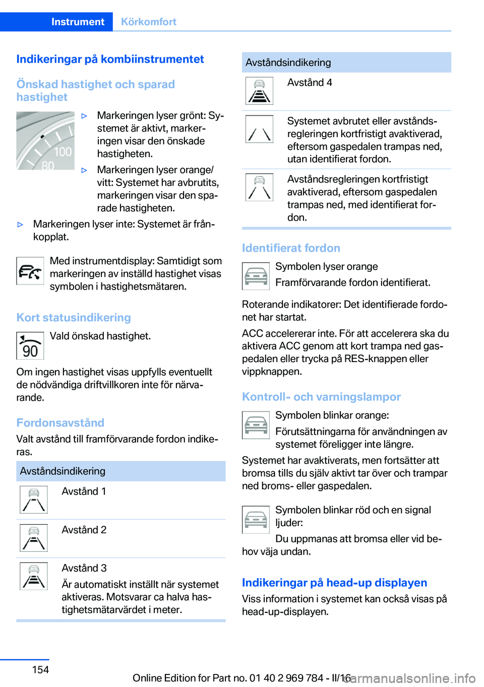 BMW X5 2016 InstruktionsbÖcker (in Swedish) Indikeringar på kombiinstrumentet
Önskad hastighet och sparad
hastighet▷Markeringen lyser grönt: Sy‐
stemet är aktivt, marker‐
ingen visar den önskade
hastigheten.▷Markeringen lyser orang BMW X5 2016 InstruktionsbÖcker (in Swedish) Indikeringar på kombiinstrumentet
Önskad hastighet och sparad
hastighet▷Markeringen lyser grönt: Sy‐
stemet är aktivt, marker‐
ingen visar den önskade
hastigheten.▷Markeringen lyser orang