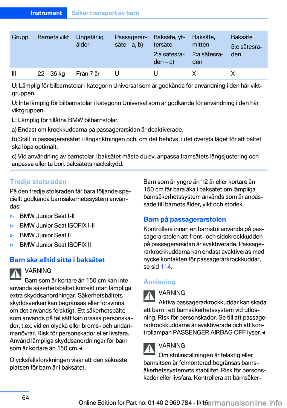 BMW X5 2016 InstruktionsbÖcker (in Swedish) GruppBarnets viktUngefärlig
ålderPassagerar‐
säte – a, b)Baksäte, yt‐
tersäte
2:a sätesra‐
den – c)Baksäte,
mitten
2:a sätesra‐
denBaksäte
3:e sätesra‐
denIII22 – 36 kgFrån BMW X5 2016 InstruktionsbÖcker (in Swedish) GruppBarnets viktUngefärlig
ålderPassagerar‐
säte – a, b)Baksäte, yt‐
tersäte
2:a sätesra‐
den – c)Baksäte,
mitten
2:a sätesra‐
denBaksäte
3:e sätesra‐
denIII22 – 36 kgFrån