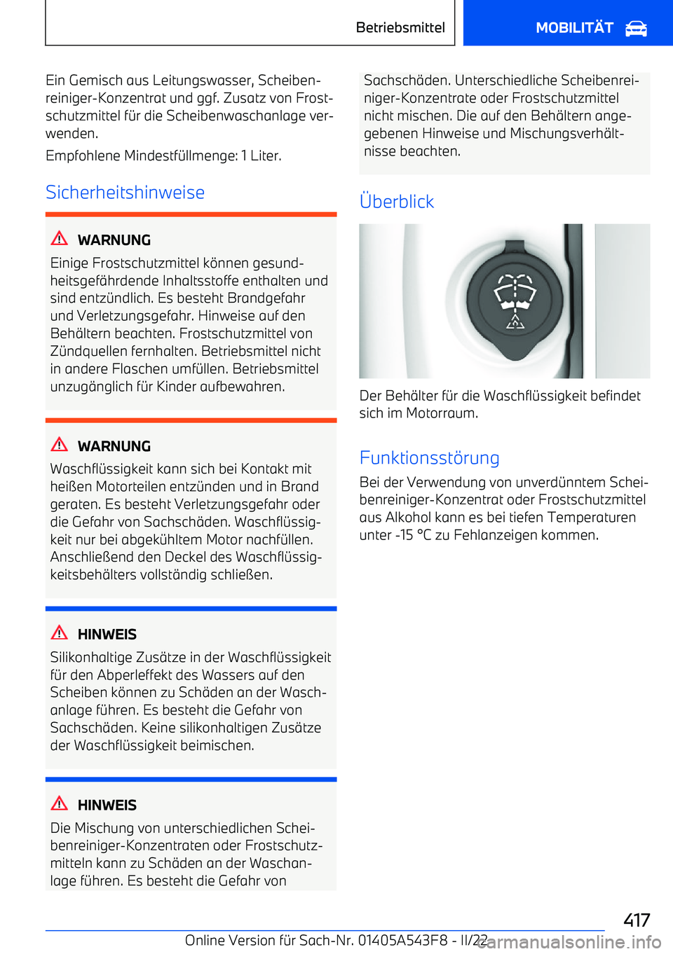 BMW X5 M 2022 Betriebsanleitungen (in German) Ein Gemisch aus Leitungswasser, Scheiben BMW X5 M 2022 Betriebsanleitungen (in German) Ein Gemisch aus Leitungswasser, Scheiben