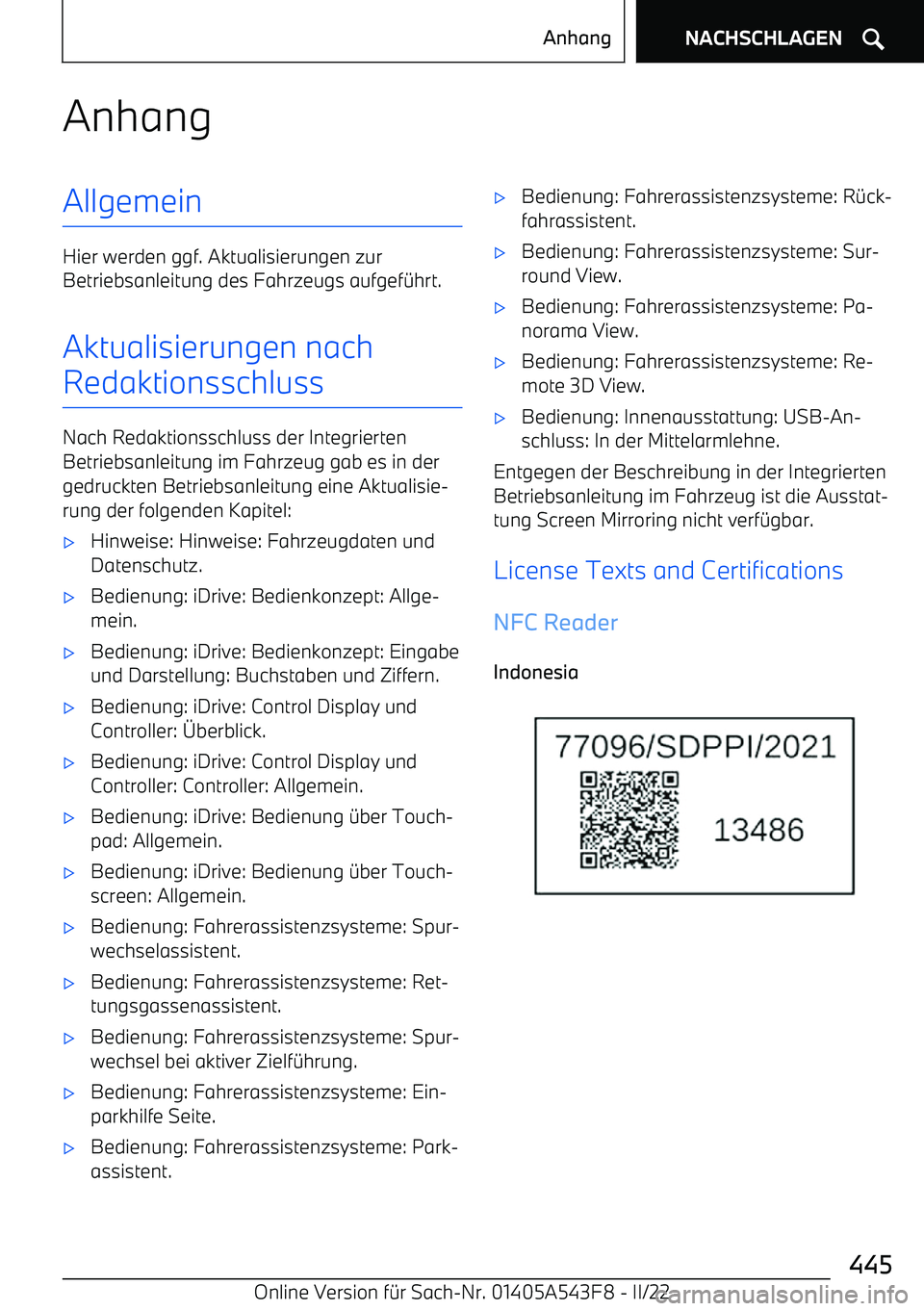 BMW X5 M 2022  Betriebsanleitungen (in German) AnhangAllgemein
Hier werden ggf. Aktualisierungen zur
Betriebsanleitung des Fahrzeugs aufgef
