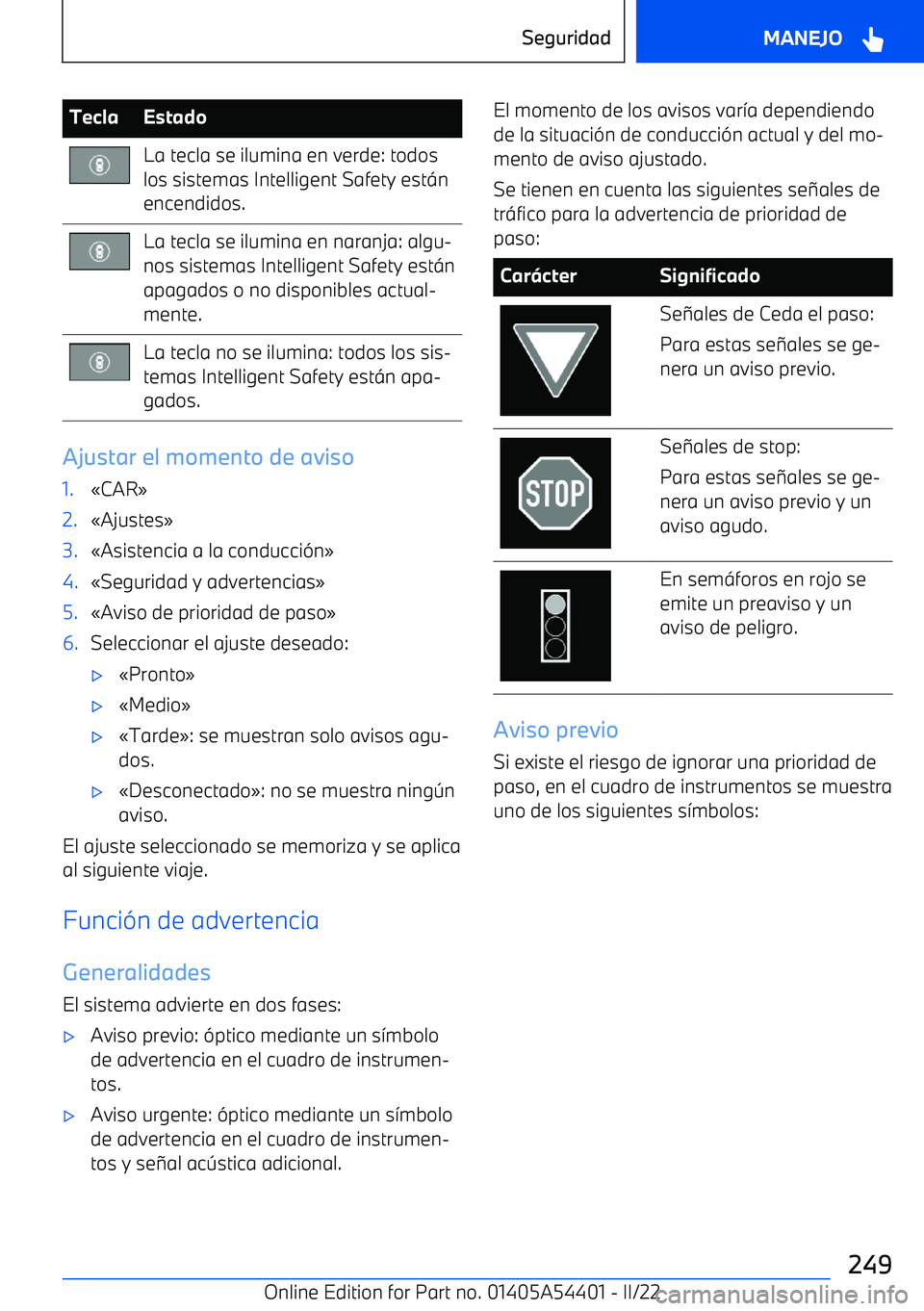 BMW X5 M 2022 Manuales de Empleo (in Spanish) TeclaEstadoLa tecla se ilumina en verde: todos
los sistemas Intelligent Safety est BMW X5 M 2022 Manuales de Empleo (in Spanish) TeclaEstadoLa tecla se ilumina en verde: todos
los sistemas Intelligent Safety est