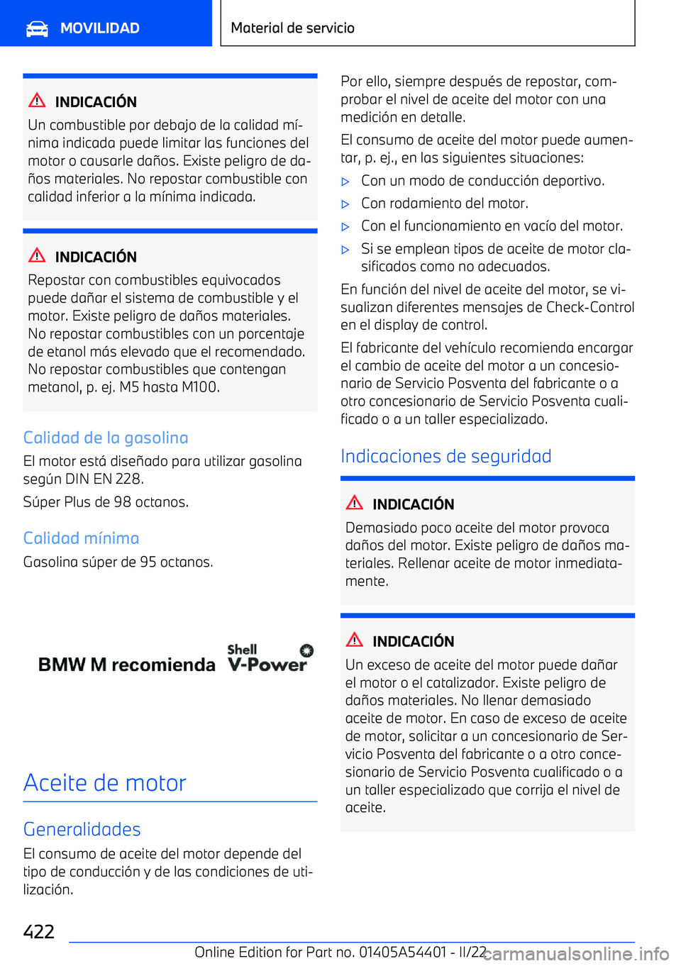 BMW X5 M 2022 Manuales de Empleo (in Spanish) INDICACI BMW X5 M 2022 Manuales de Empleo (in Spanish) INDICACI