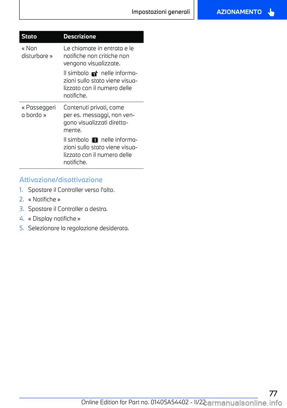 BMW X5 M 2022  Libretti Di Uso E manutenzione (in Italian) StatoDescrizione