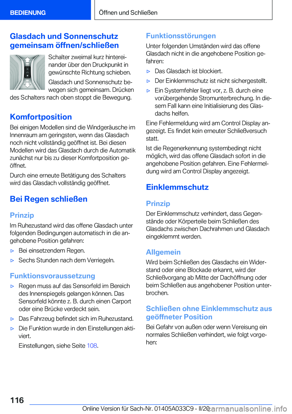 BMW X5 M 2020  Betriebsanleitungen (in German) �G�l�a�s�d�a�c�h��u�n�d��S�o�n�n�e�n�s�c�h�u�t�z
�g�e�m�e�i�n�s�a�m��