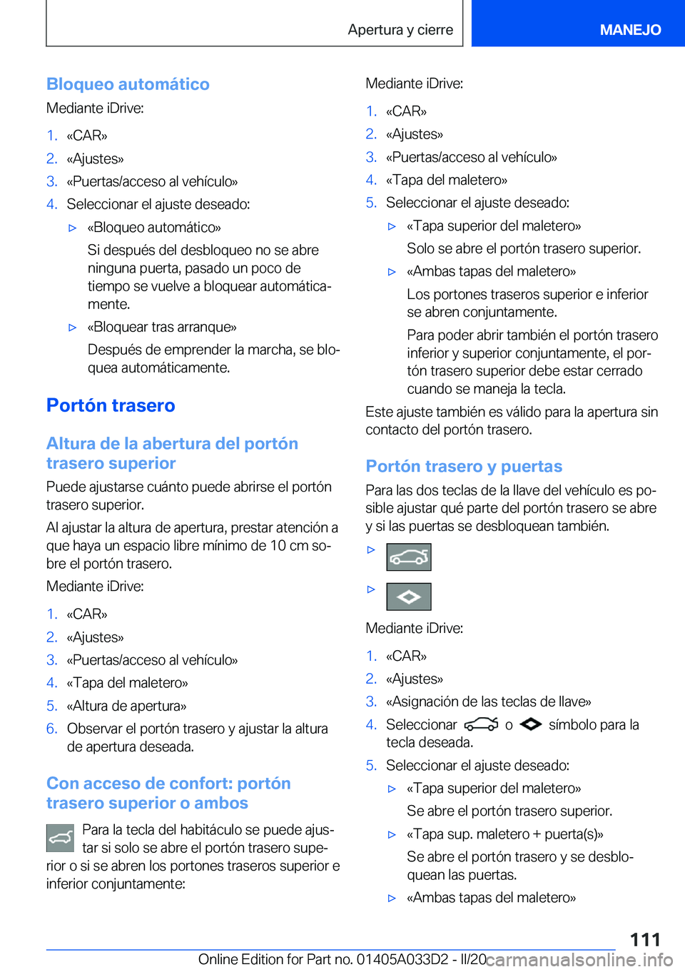 BMW X5 M 2020  Manuales de Empleo (in Spanish) �B�l�o�q�u�e�o��a�u�t�o�m�