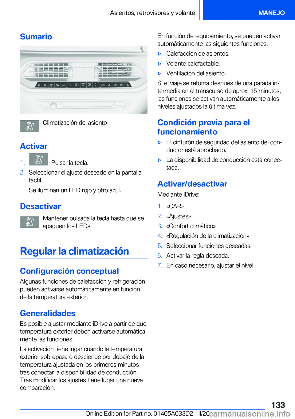 BMW X5 M 2020  Manuales de Empleo (in Spanish) �S�u�m�a�r�i�o
�C�l�i�m�a�t�i�z�a�c�i�