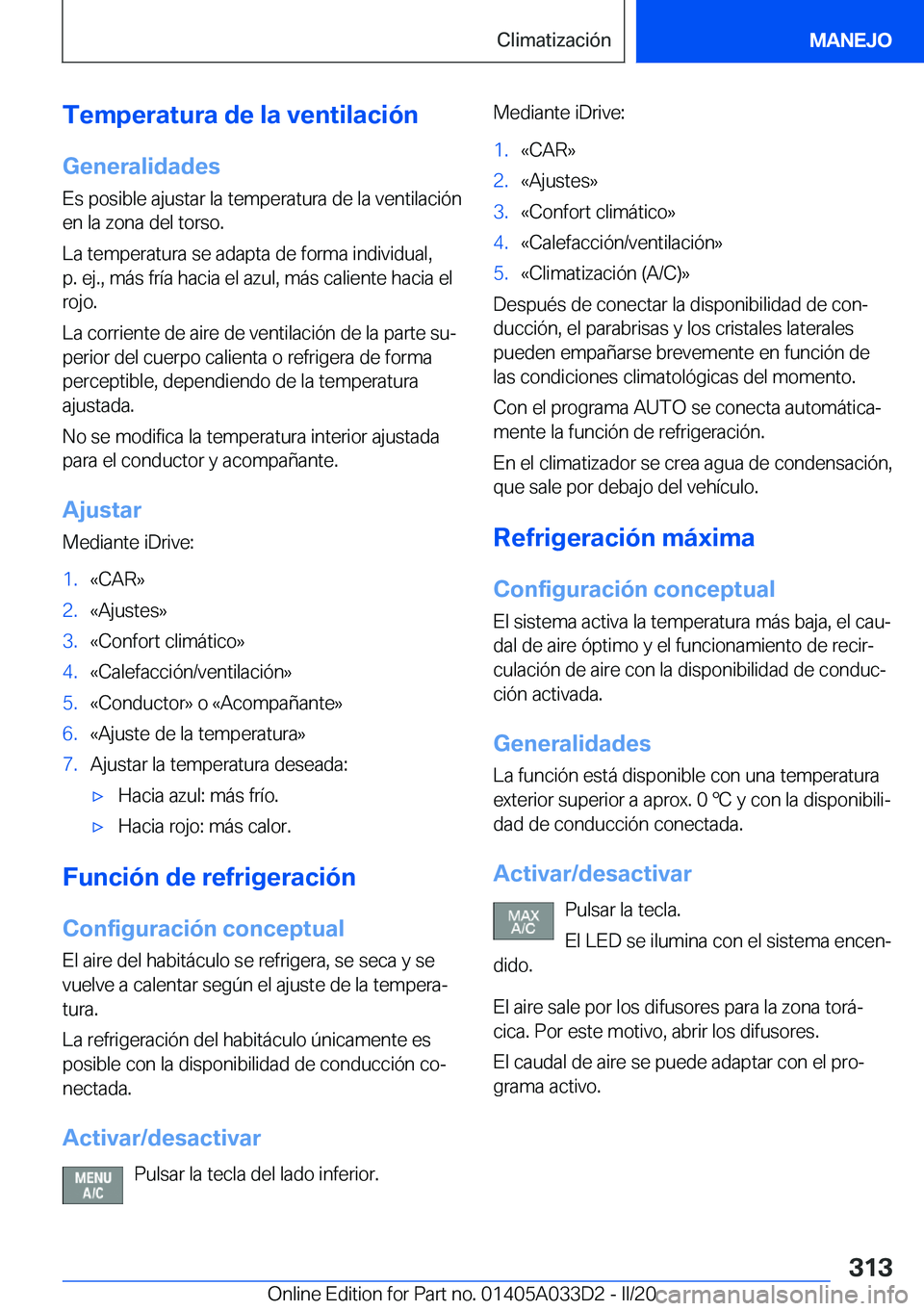 BMW X5 M 2020  Manuales de Empleo (in Spanish) �T�e�m�p�e�r�a�t�u�r�a��d�e��l�a��v�e�n�t�i�l�a�c�i�