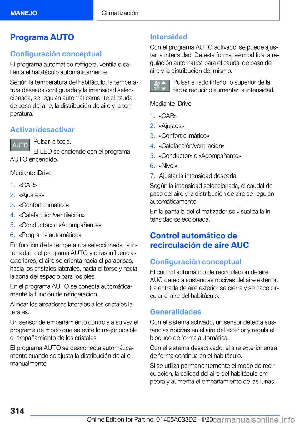 BMW X5 M 2020  Manuales de Empleo (in Spanish) �P�r�o�g�r�a�m�a��A�U�T�O
�C�o�n�f�i�g�u�r�a�c�i�