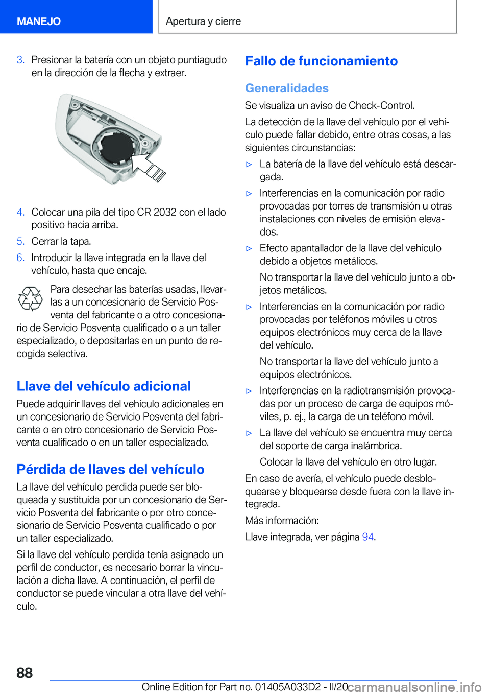 BMW X5 M 2020  Manuales de Empleo (in Spanish) �3�.�P�r�e�s�i�o�n�a�r��l�a��b�a�t�e�r�