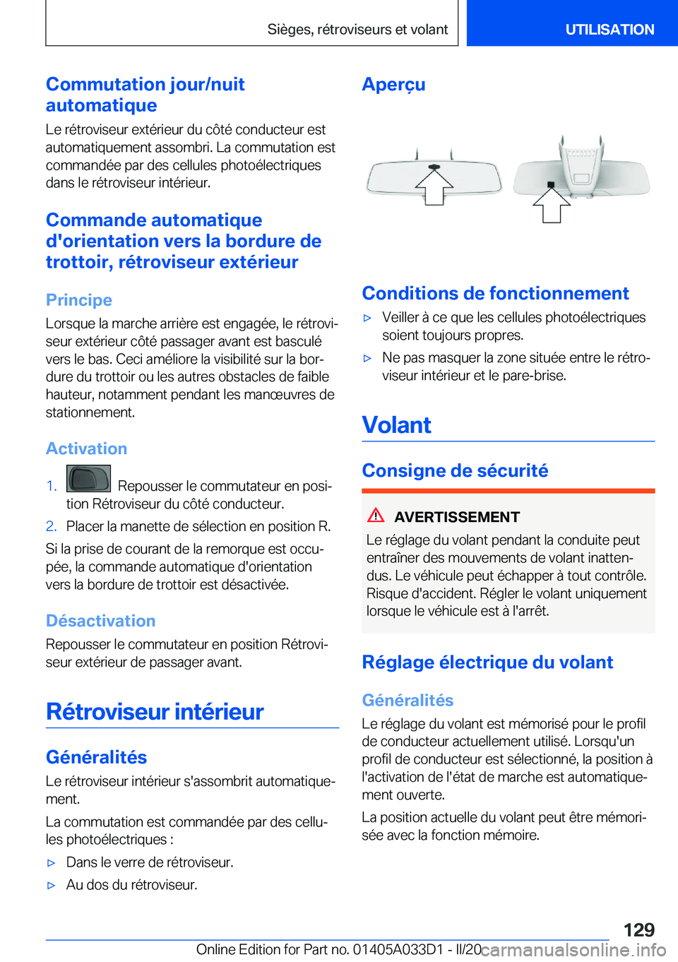 BMW X5 M 2020  Notices Demploi (in French) �C�o�m�m�u�t�a�t�i�o�n��j�o�u�r�/�n�u�i�t
�a�u�t�o�m�a�t�i�q�u�e
�L�e��r�é�t�r�o�v�i�s�e�u�r��e�x�t�é�r�i�e�u�r��d�u��c�