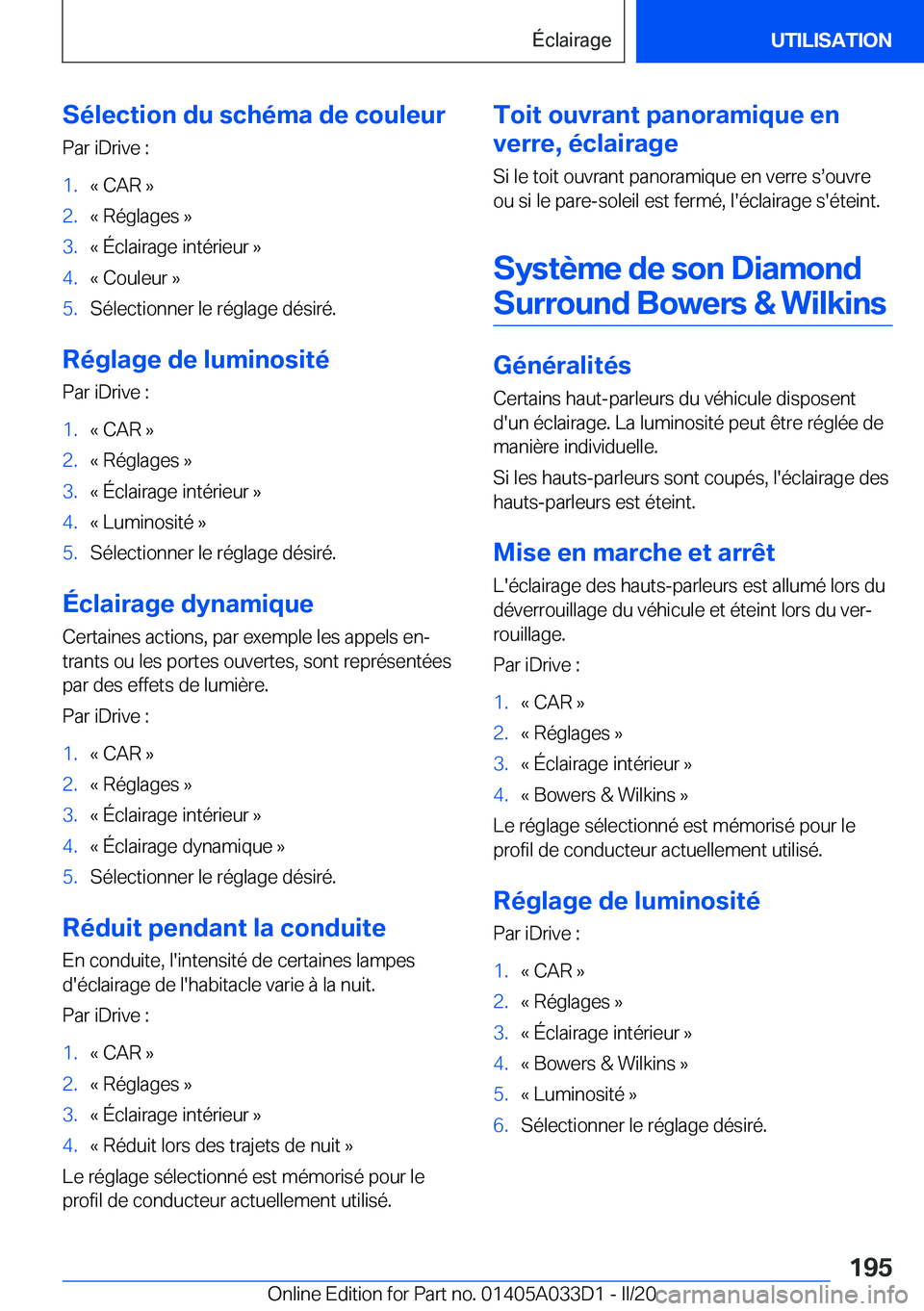BMW X5 M 2020  Notices Demploi (in French) �S�é�l�e�c�t�i�o�n��d�u��s�c�h�é�m�a��d�e��c�o�u�l�e�u�r�P�a�r��i�D�r�i�v�e��:�1�.�k��C�A�R��{�2�.�k��R�é�g�l�a�g�e�s��{�3�.�k��