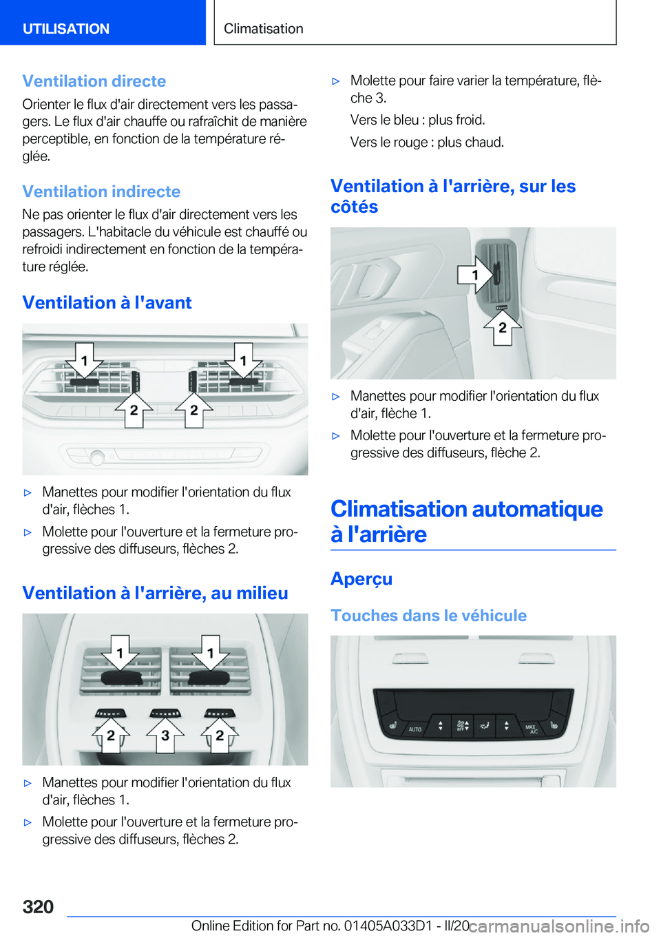 BMW X5 M 2020  Notices Demploi (in French) �V�e�n�t�i�l�a�t�i�o�n��d�i�r�e�c�t�e
�O�r�i�e�n�t�e�r��l�e��f�l�u�x��d�'�a�i�r��d�i�r�e�c�t�e�m�e�n�t��v�e�r�s��l�e�s��p�a�s�s�aj �g�e�r�s�.��L�e��f�l�u�x��d�'�a�i�r��c�h�a�u�f�f