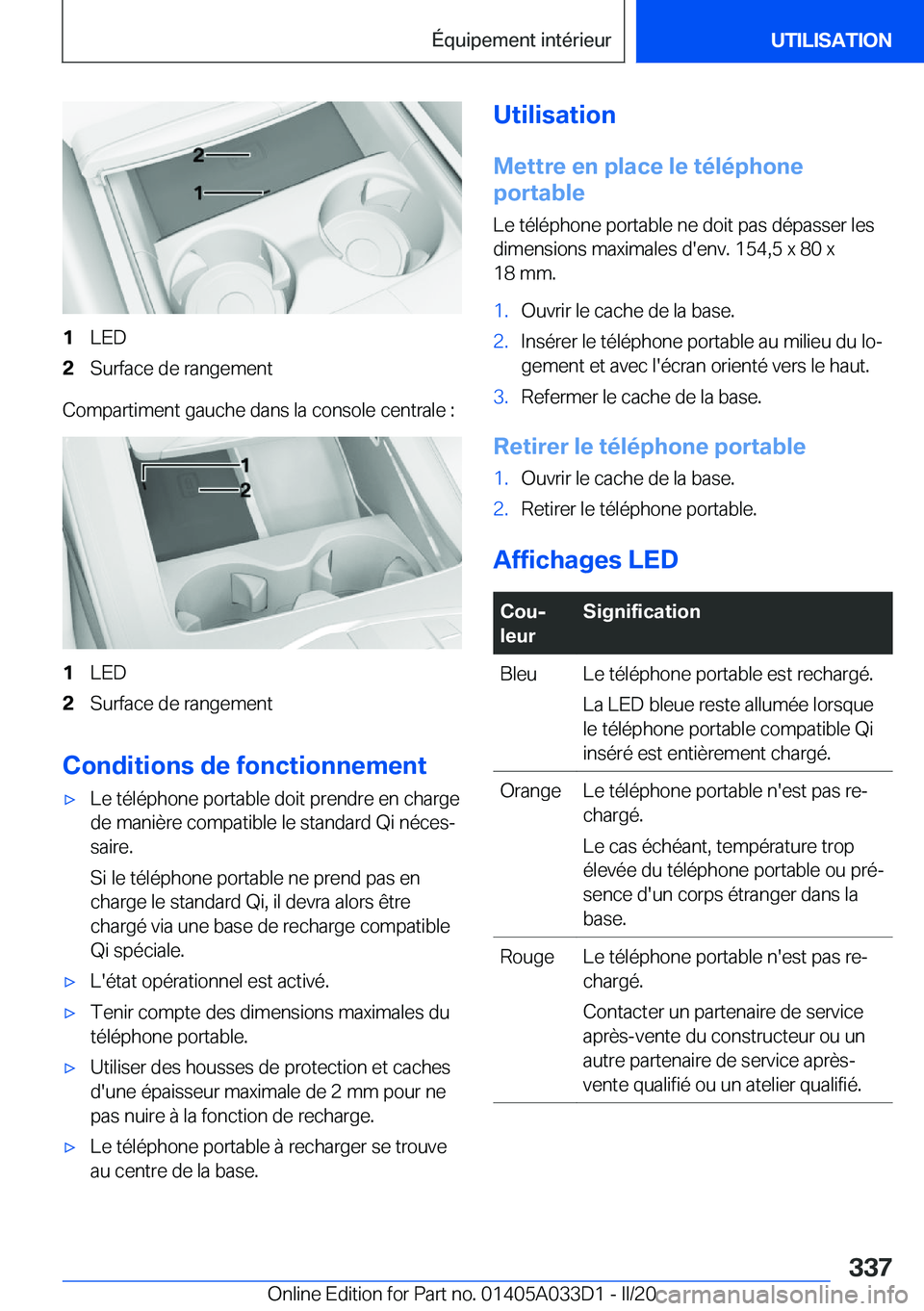 BMW X5 M 2020  Notices Demploi (in French) �1�L�E�D�2�S�u�r�f�a�c�e��d�e��r�a�n�g�e�m�e�n�t
�C�o�m�p�a�r�t�i�m�e�n�t��g�a�u�c�h�e��d�a�n�s��l�a��c�o�n�s�o�l�e��c�e�n�t�r�a�l�e��:
�1�L�E�D�2�S�u�r�f�a�c�e��d�e��r�a�n�g�e�m�e�n�t
�C�o�
