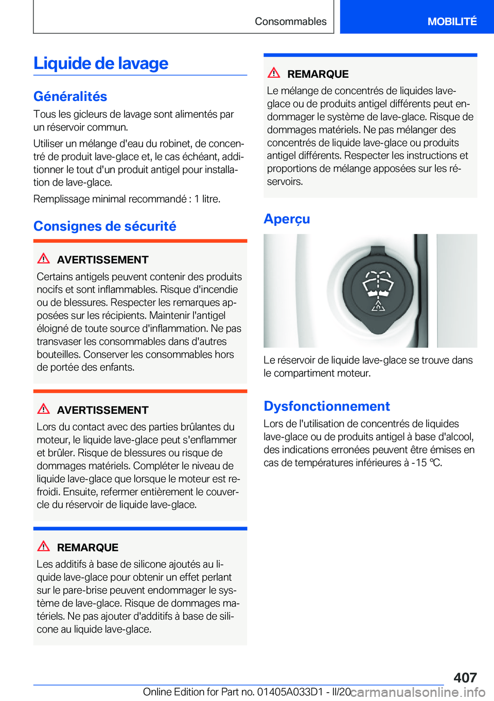 BMW X5 M 2020  Notices Demploi (in French) �L�i�q�u�i�d�e��d�e��l�a�v�a�g�e
�G�é�n�é�r�a�l�i�t�é�s�T�o�u�s��l�e�s��g�i�c�l�e�u�r�s��d�e��l�a�v�a�g�e��s�o�n�t��a�l�i�m�e�n�t�é�s��p�a�r
�u�n��r�é�s�e�r�v�o�i�r��c�o�m�m�u�n�.
�U�t