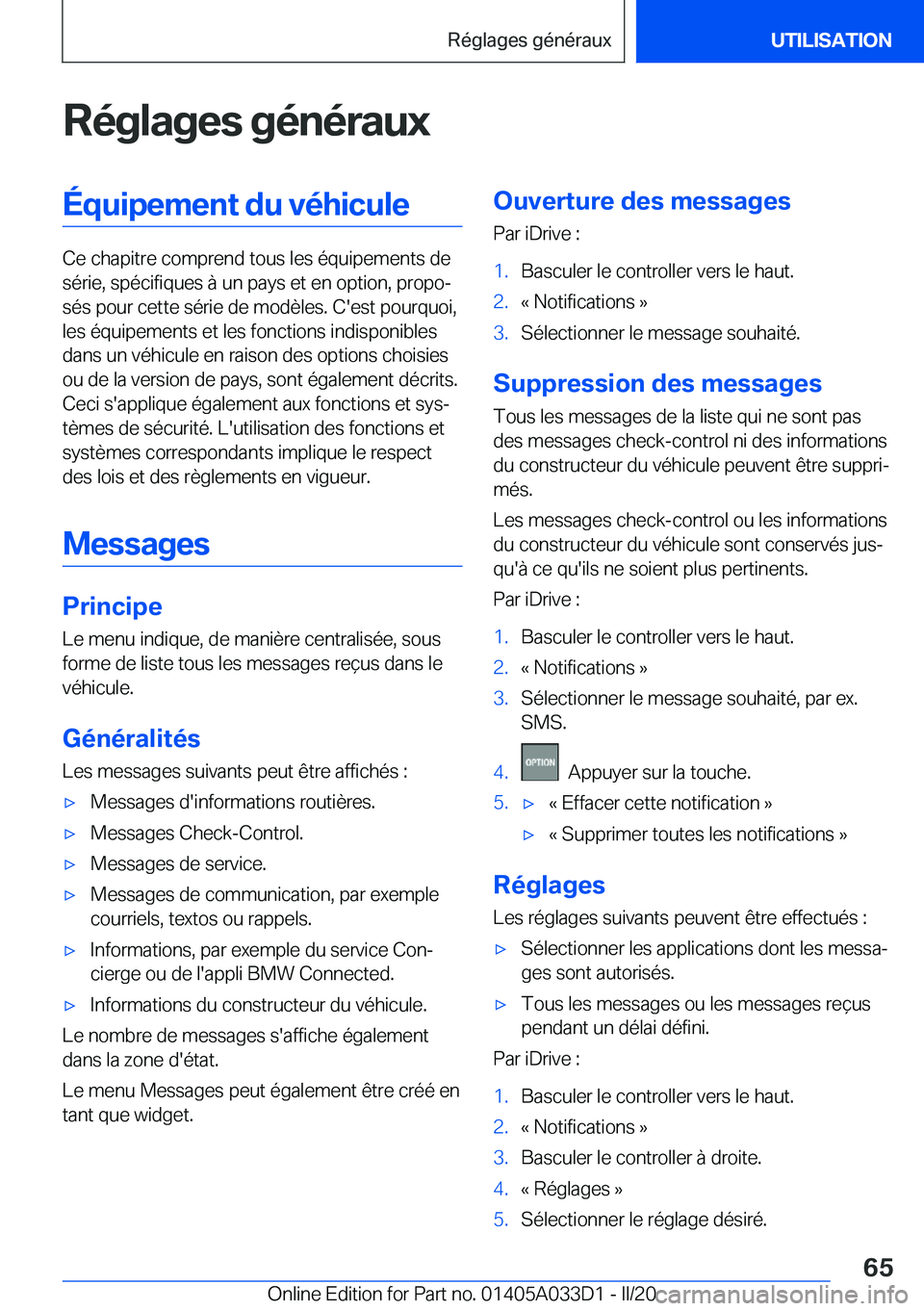 BMW X5 M 2020  Notices Demploi (in French) �R�é�g�l�a�g�e�s��g�é�n�é�r�a�u�x�