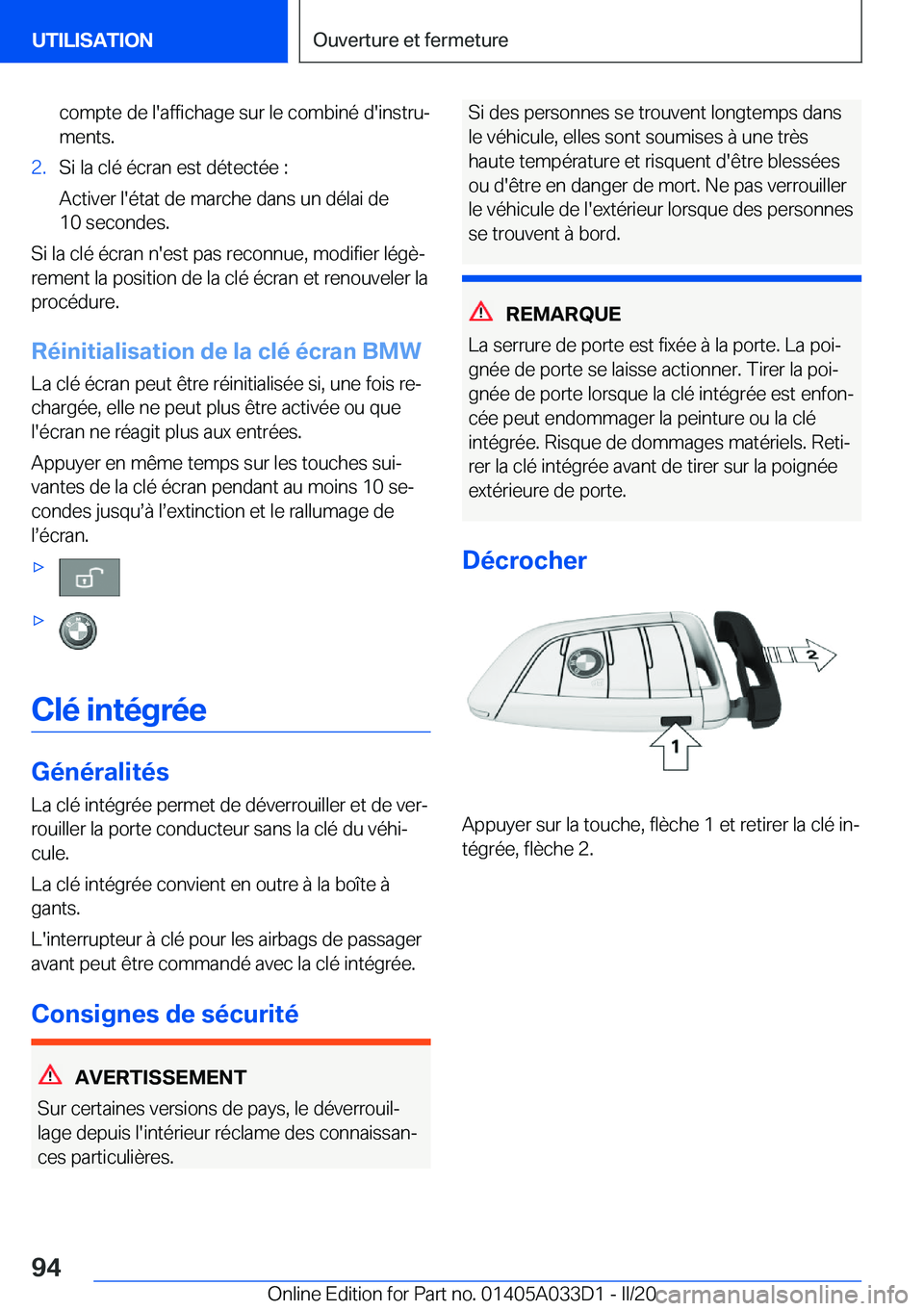 BMW X5 M 2020  Notices Demploi (in French) �c�o�m�p�t�e��d�e��l�'�a�f�f�i�c�h�a�g�e��s�u�r��l�e��c�o�m�b�i�n�é��d�'�i�n�s�t�r�uj
�m�e�n�t�s�.�2�.�S�i��l�a��c�l�é��é�c�r�a�n��e�s�t��d�é�t�e�c�t�é�e��:
�A�c�t�i�v�e�r��