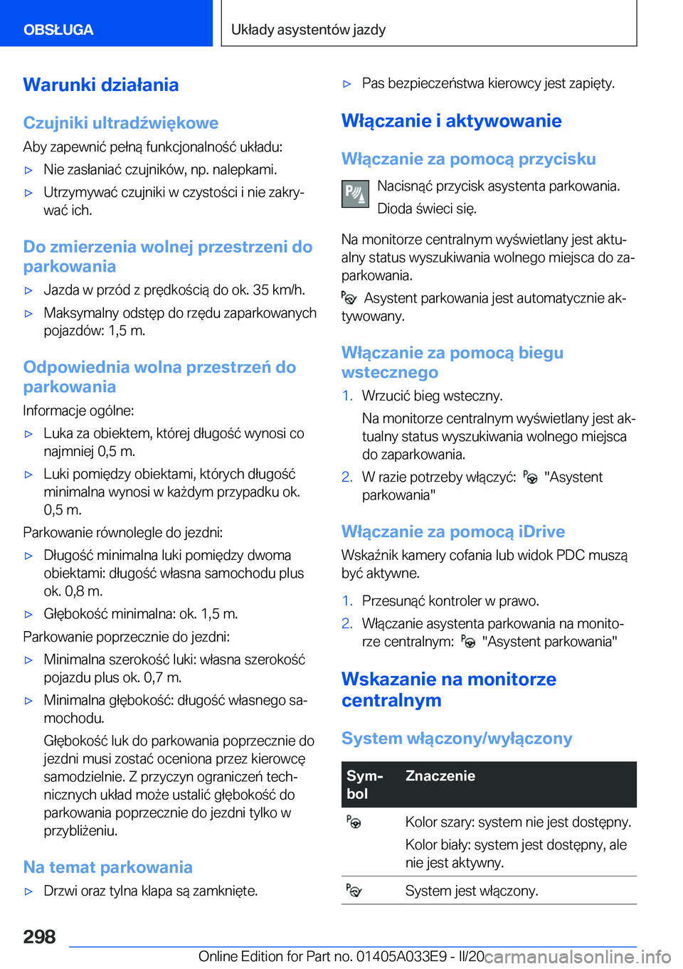BMW X5 M 2020  Instrukcja obsługi (in Polish) �W�a�r�u�n�k�i��d�z�i�a�ł�a�n�i�a�C�z�u�j�n�i�k�i��u�l�t�r�a�d7�w�i�