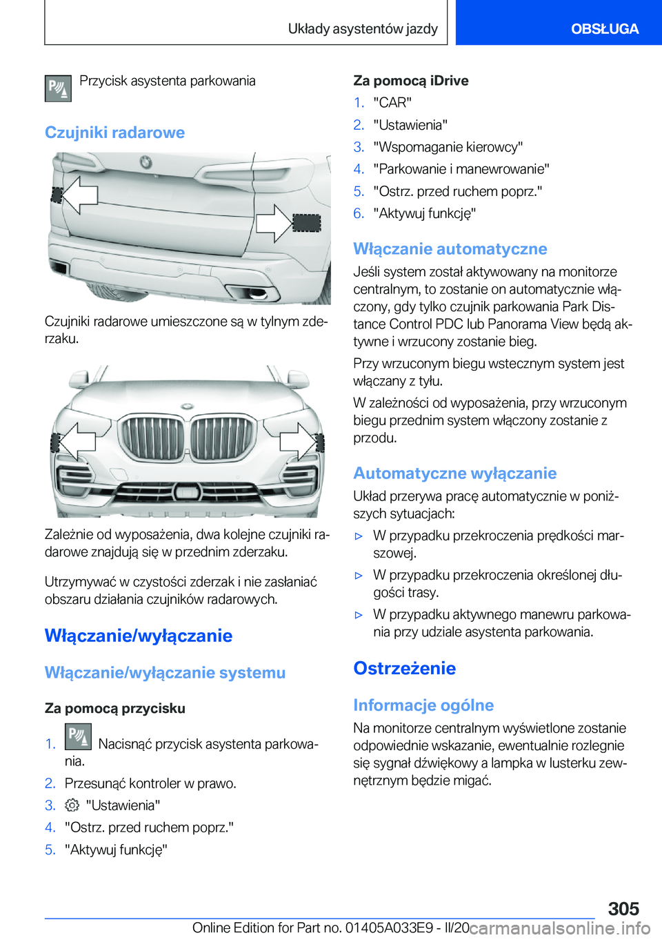 BMW X5 M 2020  Instrukcja obsługi (in Polish) �P�r�z�y�c�i�s�k��a�s�y�s�t�e�n�t�a��p�a�r�k�o�w�a�n�i�a
�C�z�u�j�n�i�k�i��r�a�d�a�r�o�w�e
�C�z�u�j�n�i�k�i��r�a�d�a�r�o�w�e��u�m�i�e�s�z�c�z�o�n�e��s�