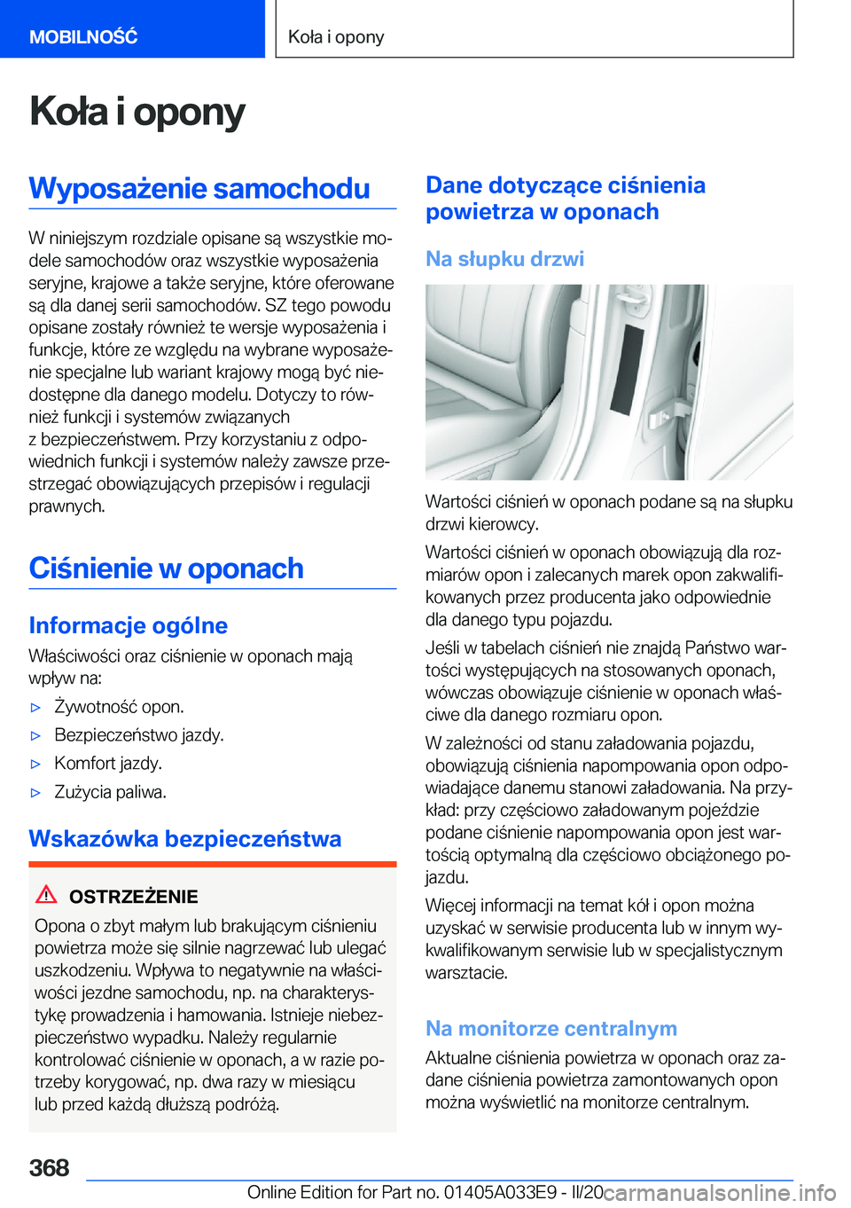 BMW X5 M 2020  Instrukcja obsługi (in Polish) �K�o�ł�a��i��o�p�o�n�y�W�y�p�o�s�a9�e�n�i�e��s�a�m�o�c�h�o�d�u
�W��n�i�n�i�e�j�s�z�y�m��r�o�z�d�z�i�a�l�e��o�p�i�s�a�n�e��s�