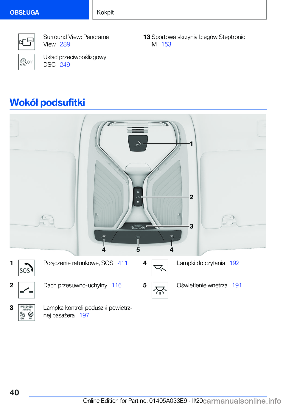 BMW X5 M 2020  Instrukcja obsługi (in Polish) �S�u�r�r�o�u�n�d��V�i�e�w�:��P�a�n�o�r�a�m�a
�V�i�e�w\_ �2�8�9�U�k�ł�a�d��p�r�z�e�c�i�w�p�o�l�i�z�g�o�w�y
�D�S�C\_ �2�4�9�1�3�S�p�o�r�t�o�w�a��s�k�r�z�y�n�i�a��b�i�e�g�