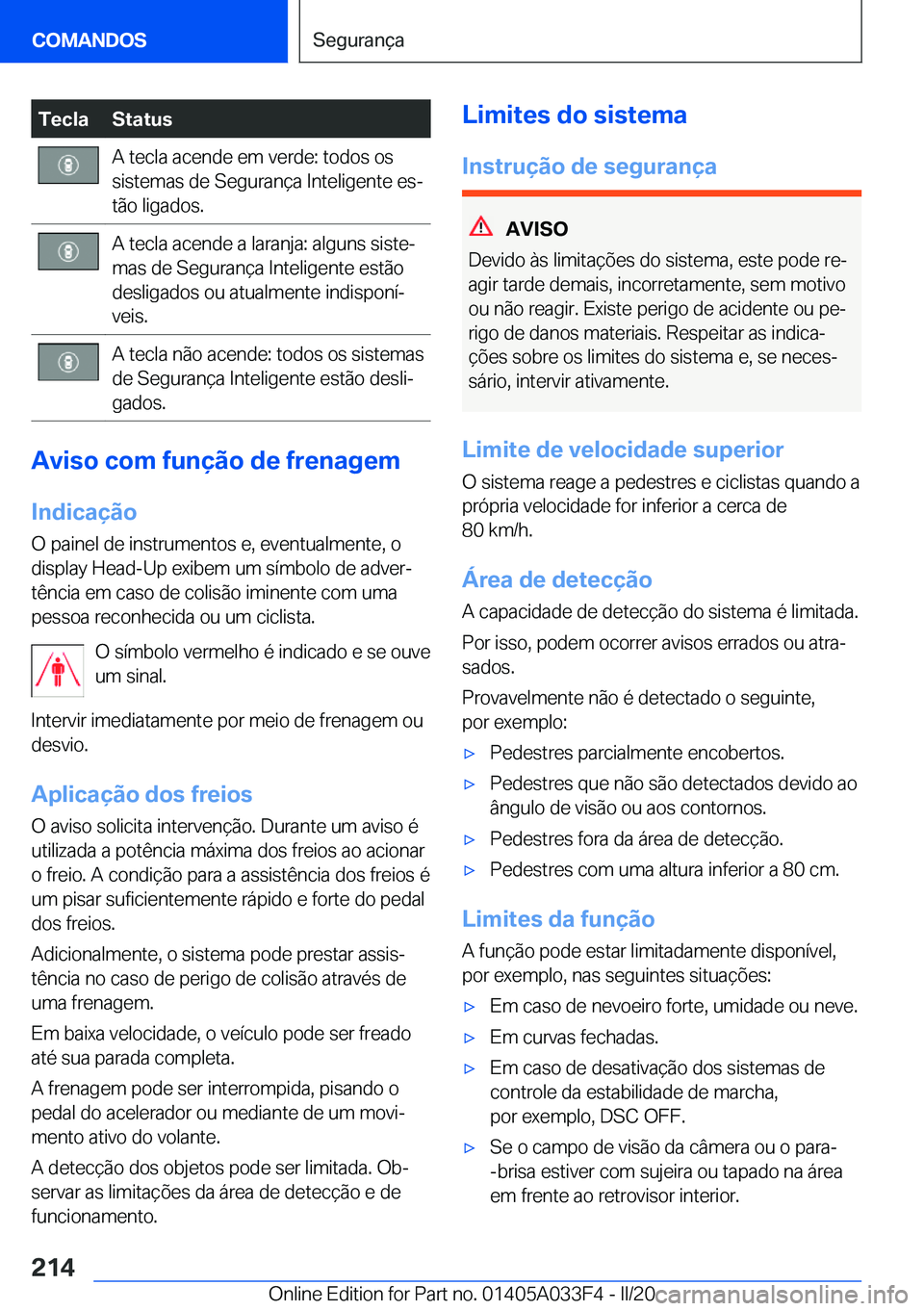 BMW X5 M 2020  Manual do condutor (in Portuguese) �T�e�c�l�a�S�t�a�t�u�s�A��t�e�c�l�a��a�c�e�n�d�e��e�m��v�e�r�d�e�:��t�o�d�o�s��o�s
�s�i�s�t�e�m�a�s��d�e��S�e�g�u�r�a�n�