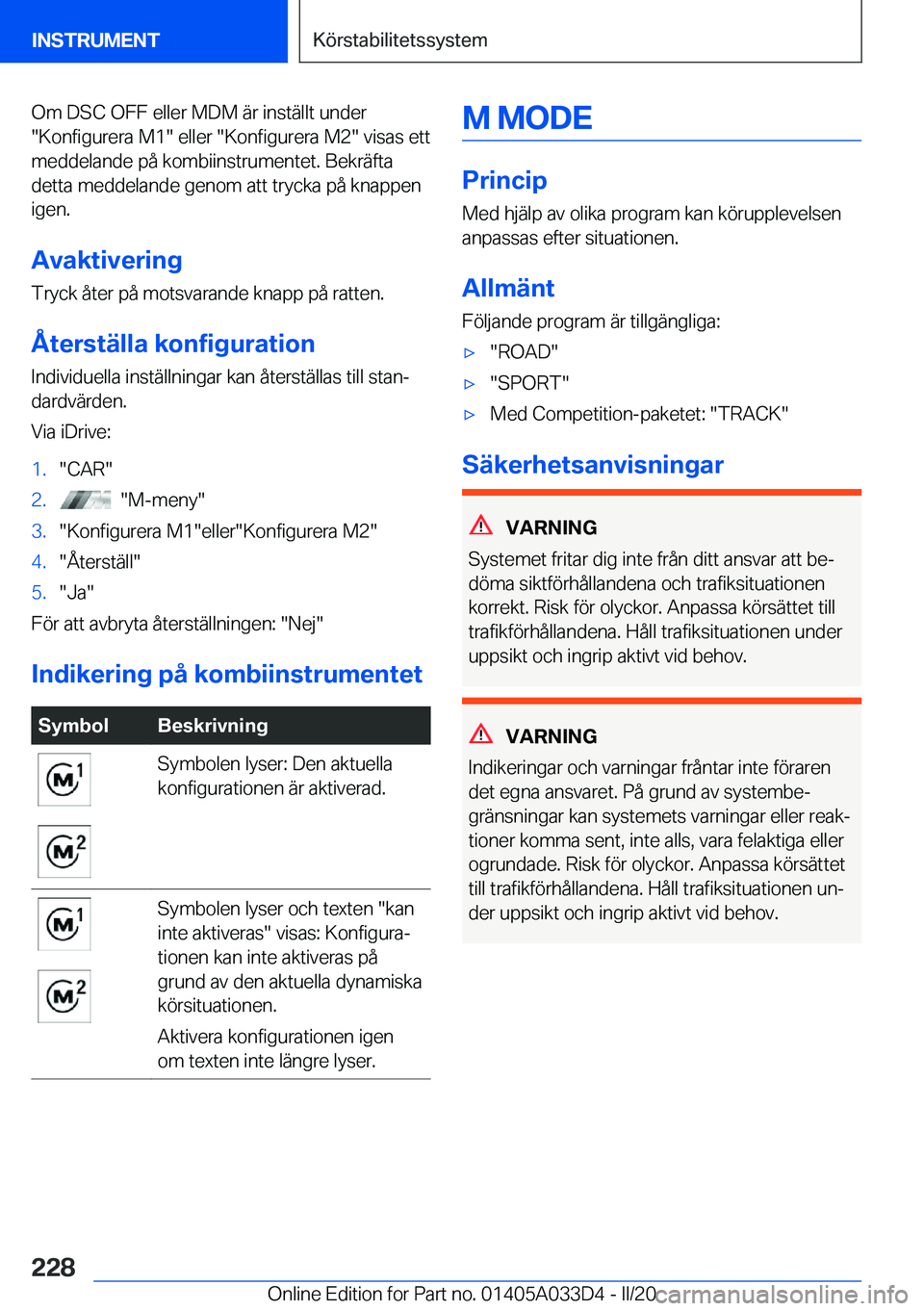 BMW X5 M 2020  InstruktionsbÖcker (in Swedish) �O�m��D�S�C��O�F�F��e�l�l�e�r��M�D�M��ä�r��i�n�s�t�ä�l�l�t��u�n�d�e�r
��K�o�n�f�i�g�u�r�e�r�a��M�1���e�l�l�e�r���K�o�n�f�i�g�u�r�e�r�a��M�2���v�i�s�a�s��e�t�t �m�e�d�d�e�l�a�n�d�e�