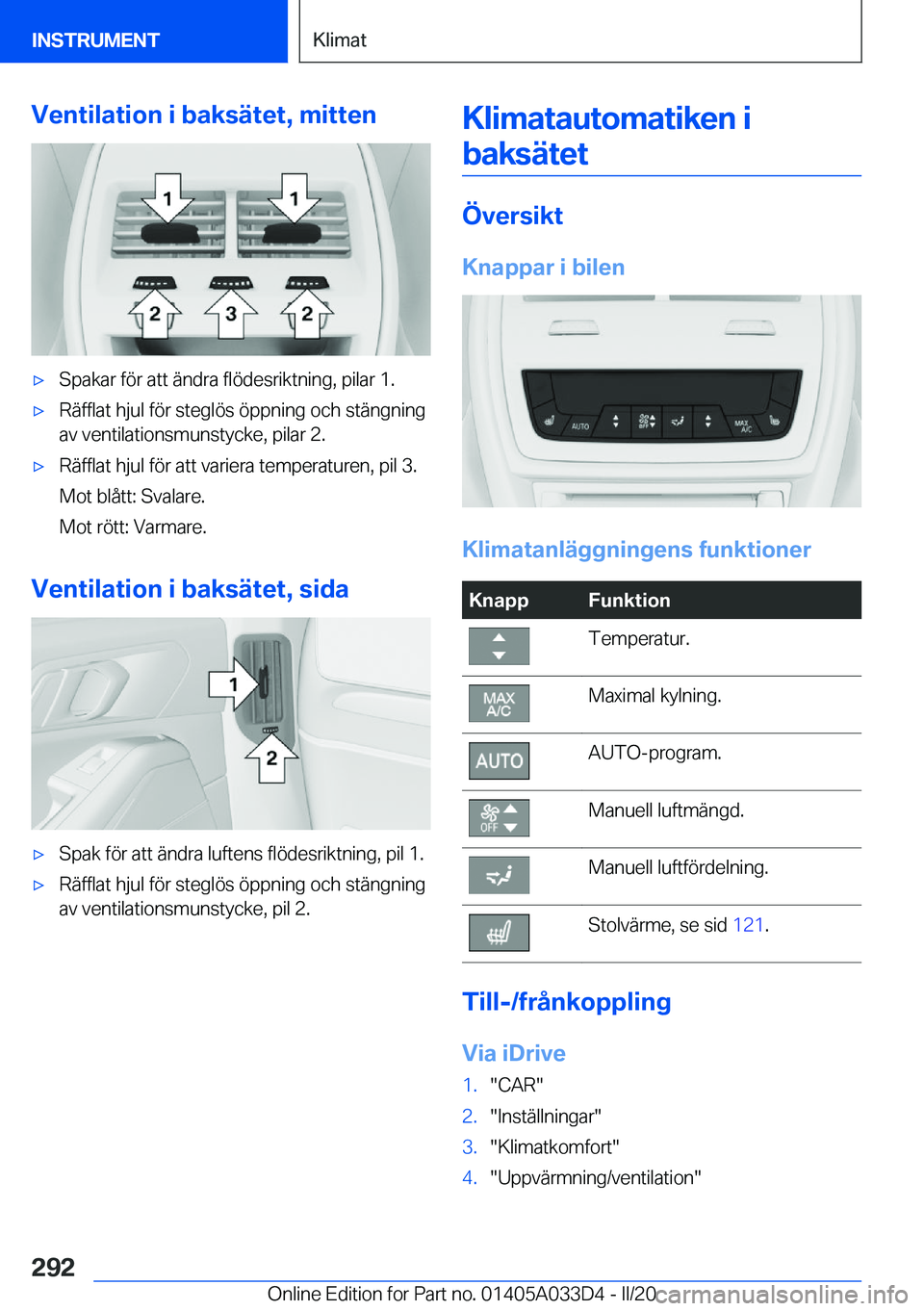 BMW X5 M 2020  InstruktionsbÖcker (in Swedish) �V�e�n�t�i�l�a�t�i�o�n��i��b�a�k�s�ä�t�e�t�,��m�i�t�t�e�n'x�S�p�a�k�a�r��f�