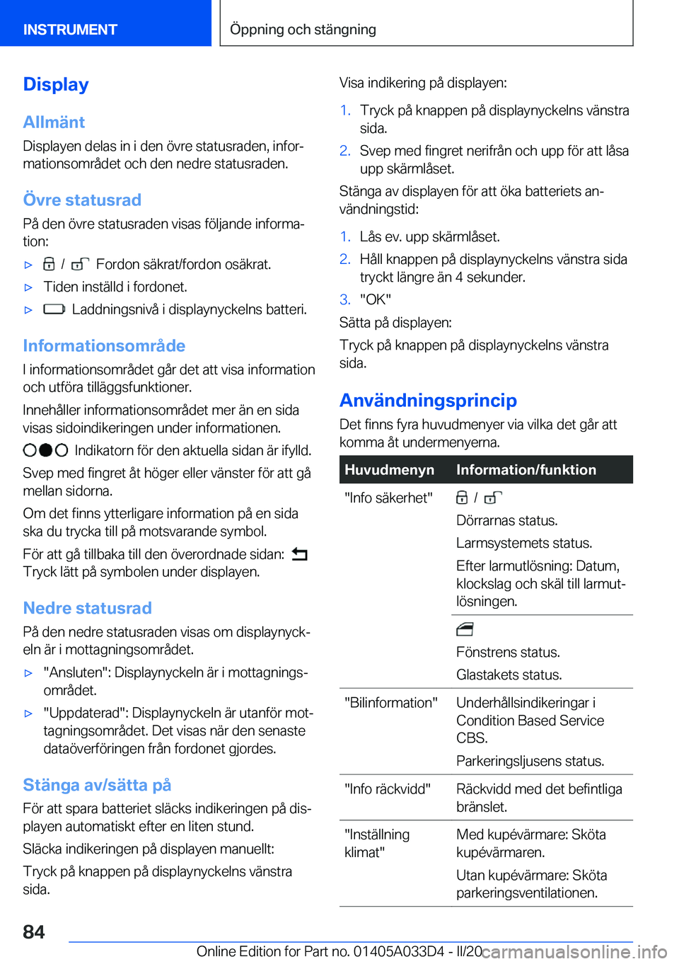 BMW X5 M 2020  InstruktionsbÖcker (in Swedish) �D�i�s�p�l�a�y�A�l�l�m�ä�n�t
�D�i�s�p�l�a�y�e�n��d�e�l�a�s��i�n��i��d�e�n��