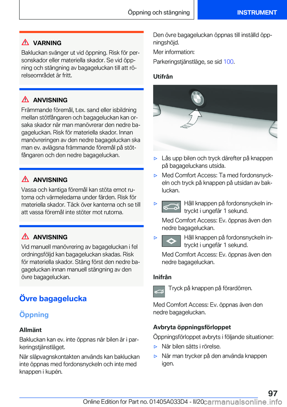 BMW X5 M 2020  InstruktionsbÖcker (in Swedish) �V�A�R�N�I�N�G
�B�a�k�l�u�c�k�a�n��s�v�ä�n�g�e�r��u�t��v�i�d��