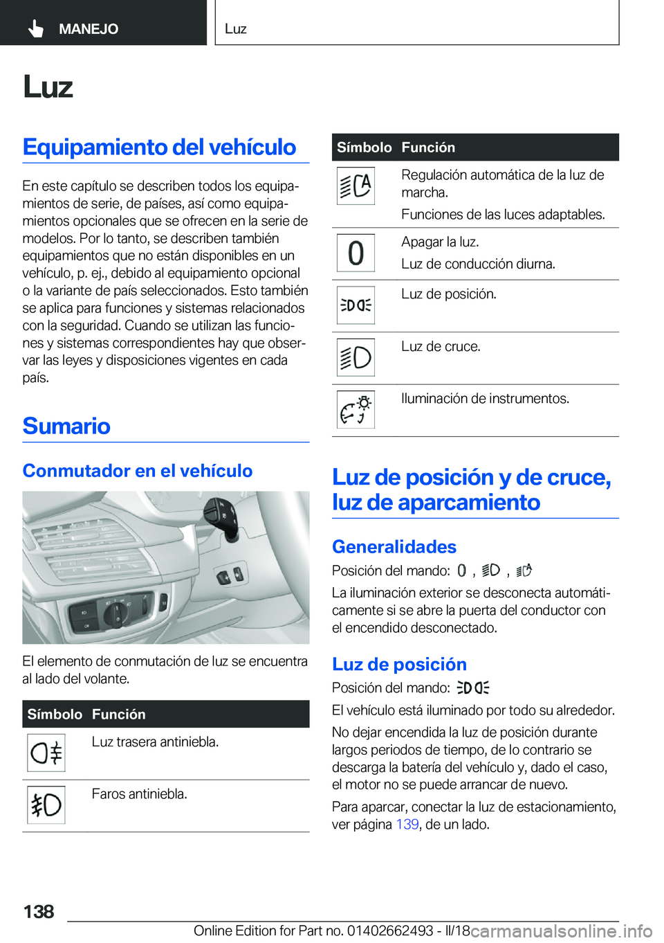 BMW X5 M 2018  Manuales de Empleo (in Spanish) �L�u�z�E�q�u�i�p�a�m�i�e�n�t�o��d�e�l��v�e�h�