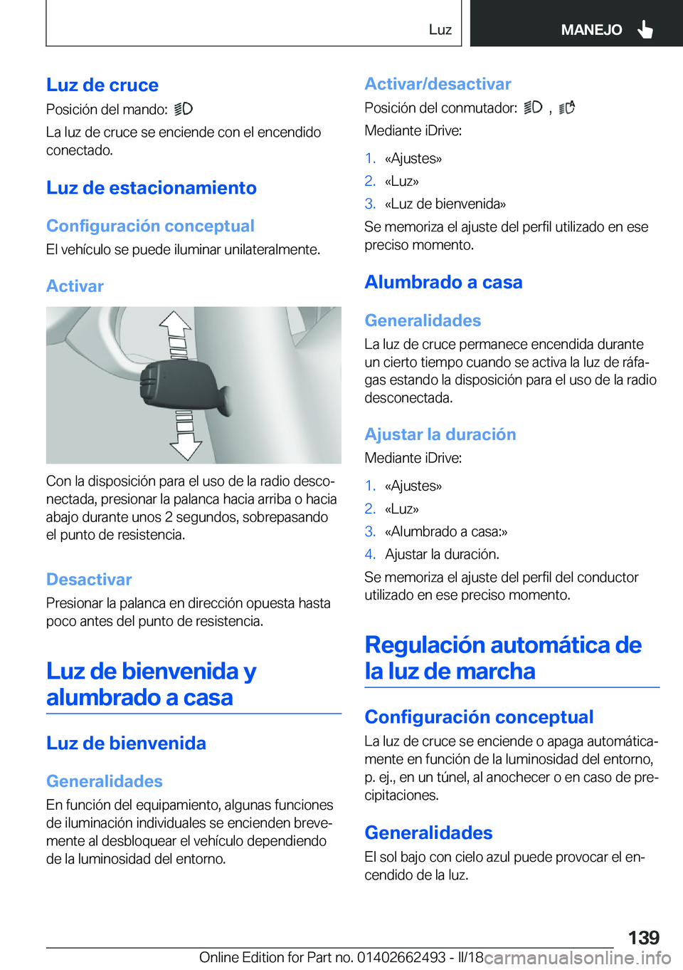 BMW X5 M 2018  Manuales de Empleo (in Spanish) �L�u�z��d�e��c�r�u�c�e�P�o�s�i�c�i�