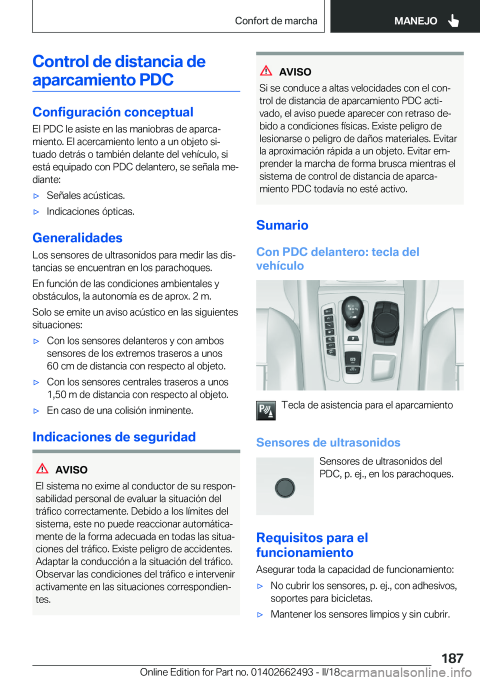 BMW X5 M 2018  Manuales de Empleo (in Spanish) �C�o�n�t�r�o�l��d�e��d�i�s�t�a�n�c�i�a��d�e�a�p�a�r�c�a�m�i�e�n�t�o��P�D�C
�C�o�n�f�i�g�u�r�a�c�i�