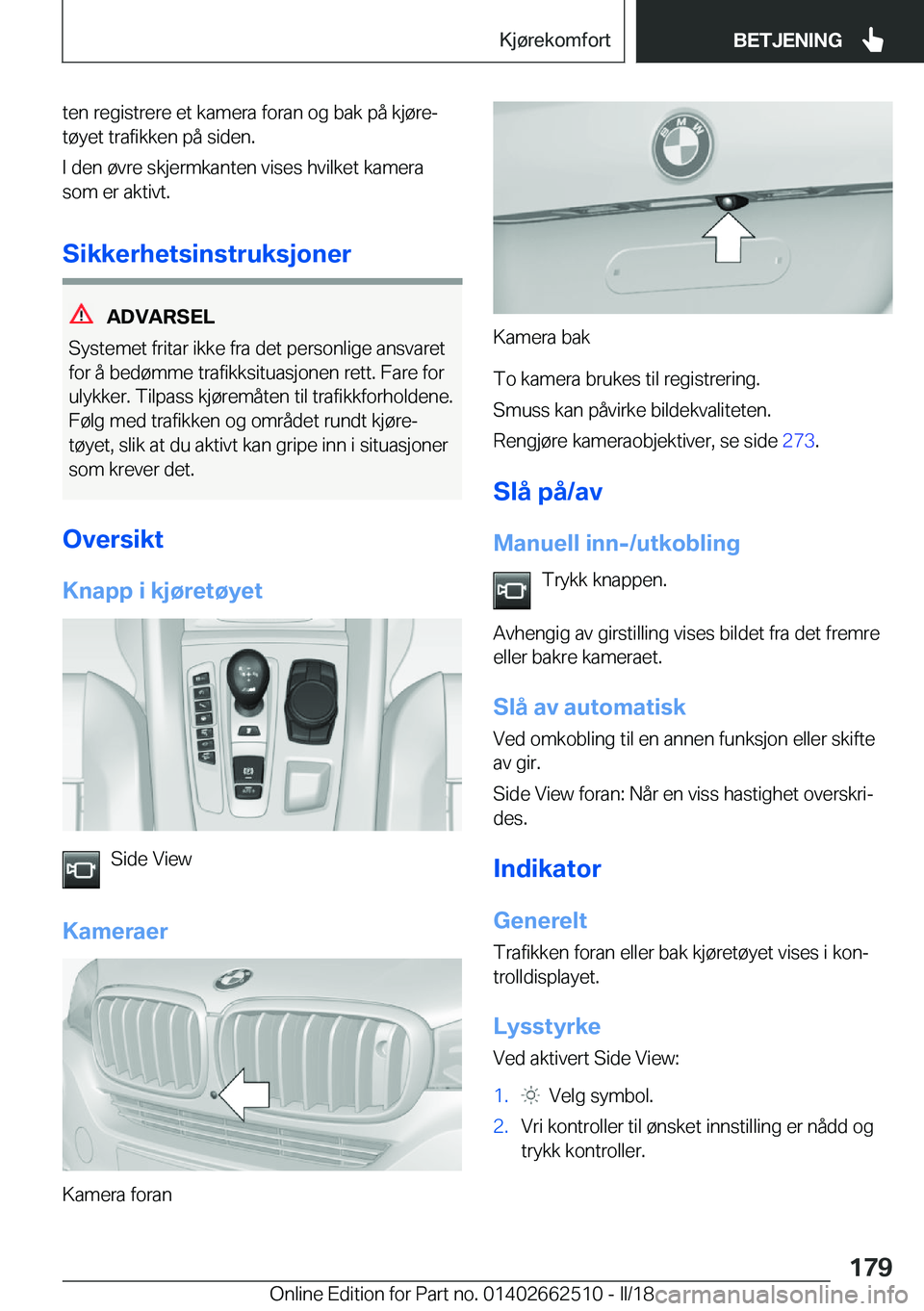 BMW X5 M 2018  InstruksjonsbØker (in Norwegian) �t�e�n� �r�e�g�i�s�t�r�e�r�e� �e�t� �k�a�m�e�r�a� �f�o�r�a�n� �o�g� �b�a�k� �p�å� �k�j�