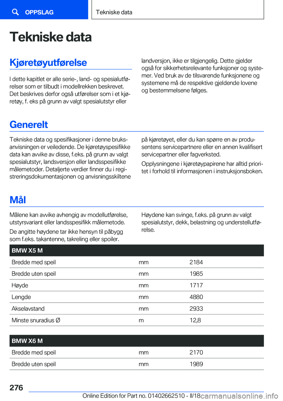 BMW X5 M 2018  InstruksjonsbØker (in Norwegian) �T�e�k�n�i�s�k�e��d�a�t�a�K�j�