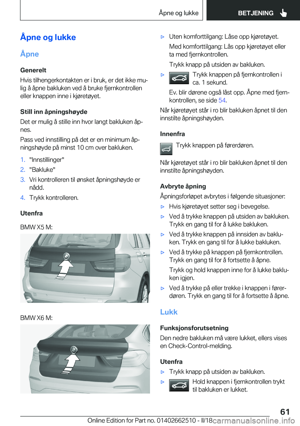 BMW X5 M 2018  InstruksjonsbØker (in Norwegian) �