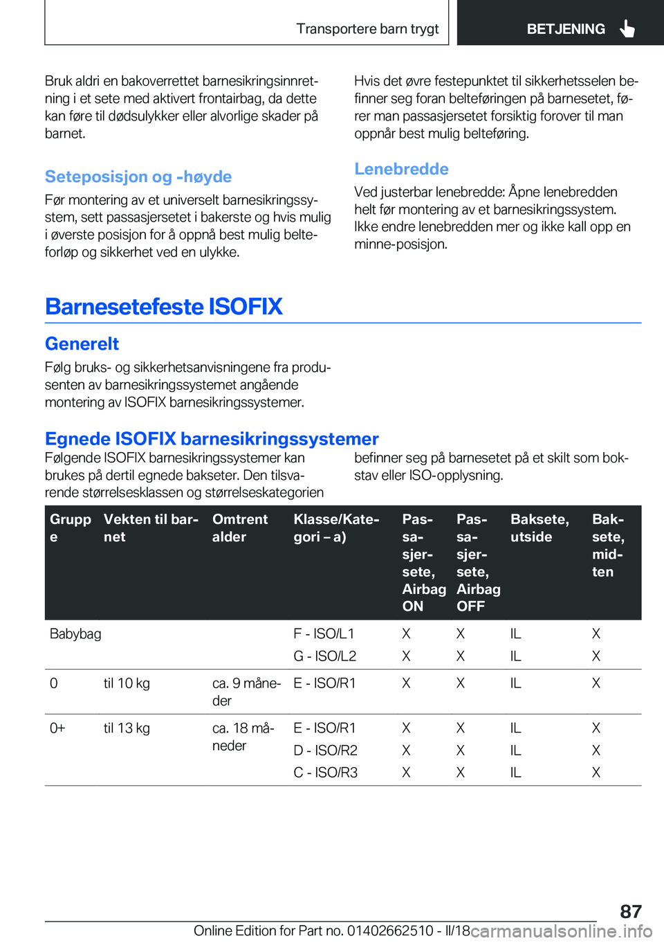 BMW X5 M 2018  InstruksjonsbØker (in Norwegian) �B�r�u�k� �a�l�d�r�i� �e�n� �b�a�k�o�v�e�r�r�e�t�t�e�t� �b�a�r�n�e�s�i�k�r�i�n�g�s�i�n�n�r�e�tj
�n�i�n�g� �i� �e�t� �s�e�t�e� �m�e�d� �a�k�t�i�v�e�r�t� �f�r�o�n�t�a�i�r�b�a�g�,� �d�a� �d�e�t�t�e
�k�a
