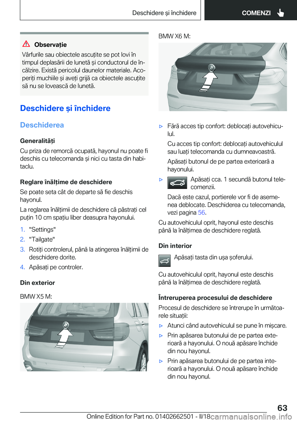 BMW X5 M 2018  Ghiduri De Utilizare (in Romanian) �O�b�s�e�r�v�a�i�e
�V�