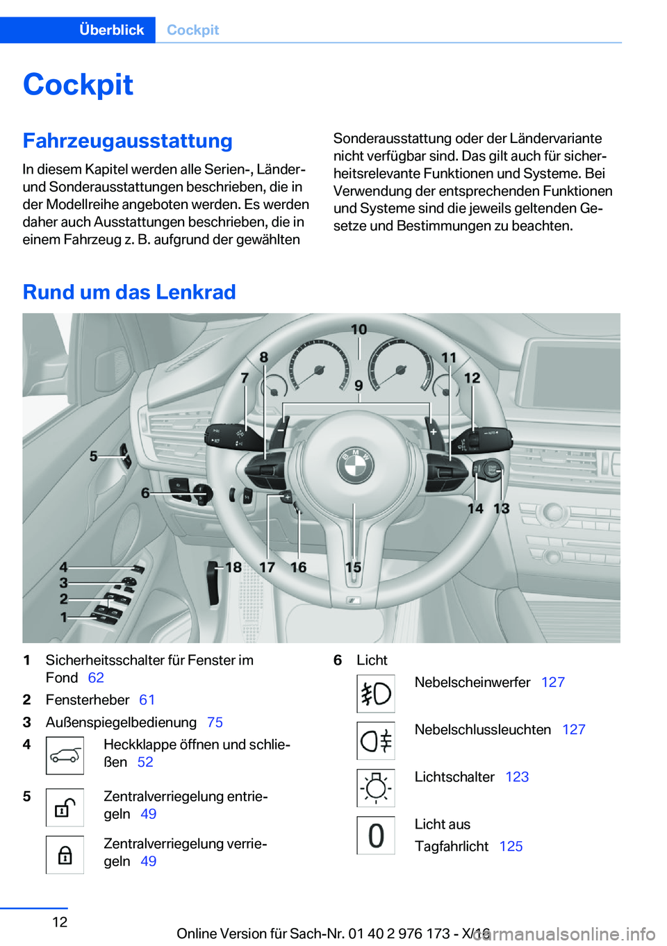 BMW X5 M 2017  Betriebsanleitungen (in German) �C�o�c�k�p�i�t�F�a�h�r�z�e�u�g�a�u�s�s�t�a�t�t�u�n�g
�I�n� �d�i�e�s�e�m� �K�a�p�i�t�e�l� �w�e�r�d�e�n� �a�l�l�e� �S�e�r�i�e�n�-�,� �L�ä�n�d�e�r�- �u�n�d� �S�o�n�d�e�r�a�u�s�s�t�a�t�t�u�n�g�e�n� �b�e�