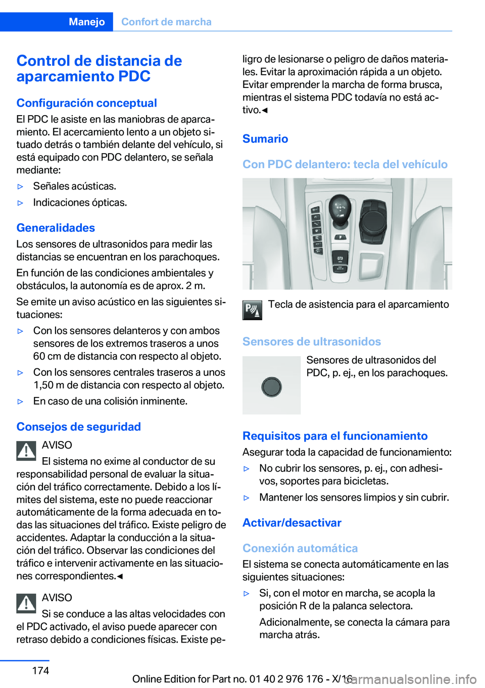 BMW X5 M 2017  Manuales de Empleo (in Spanish) �C�o�n�t�r�o�l��d�e��d�i�s�t�a�n�c�i�a��d�e
�a�p�a�r�c�a�m�i�e�n�t�o��P�D�C
�C�o�n�f�i�g�u�r�a�c�i�