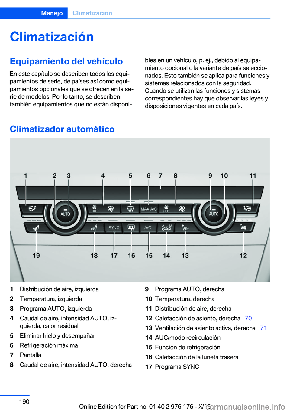 BMW X5 M 2017  Manuales de Empleo (in Spanish) �C�l�i�m�a�t�i�z�a�c�i�
