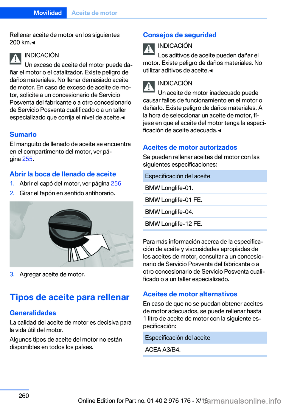 BMW X5 M 2017  Manuales de Empleo (in Spanish) �R�e�l�l�e�n�a�r� �a�c�e�i�t�e� �d�e� �m�o�t�o�r� �e�n� �l�o�s� �s�i�g�u�i�e�n�t�e�s�2�0�0� �k�m�.'