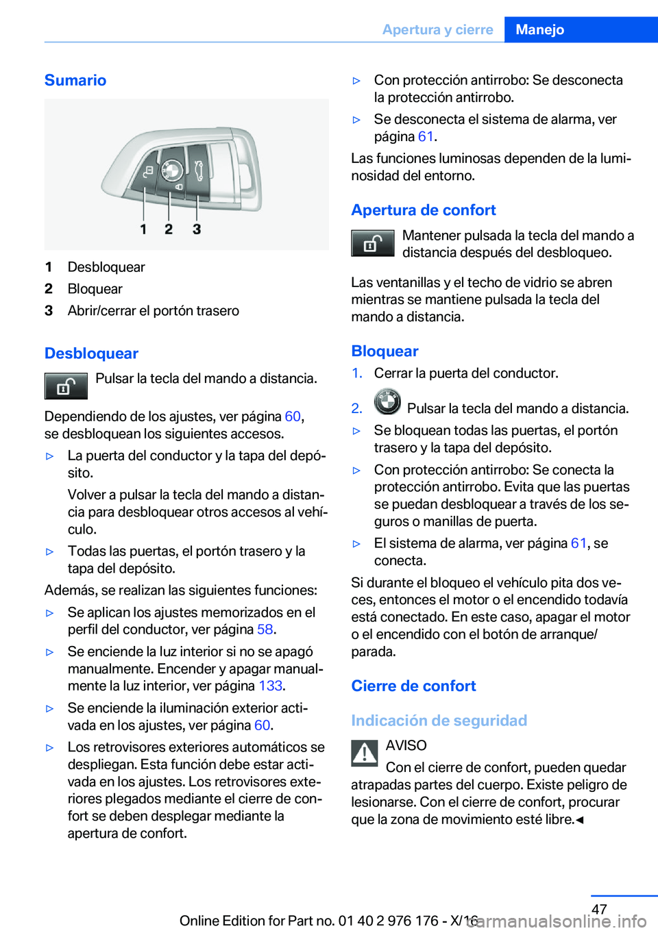 BMW X5 M 2017  Manuales de Empleo (in Spanish) �S�u�m�a�r�i�o�1�D�e�s�b�l�o�q�u�e�a�r�2�B�l�o�q�u�e�a�r�3�A�b�r�i�r�/�c�e�r�r�a�r� �e�l� �p�o�r�t�