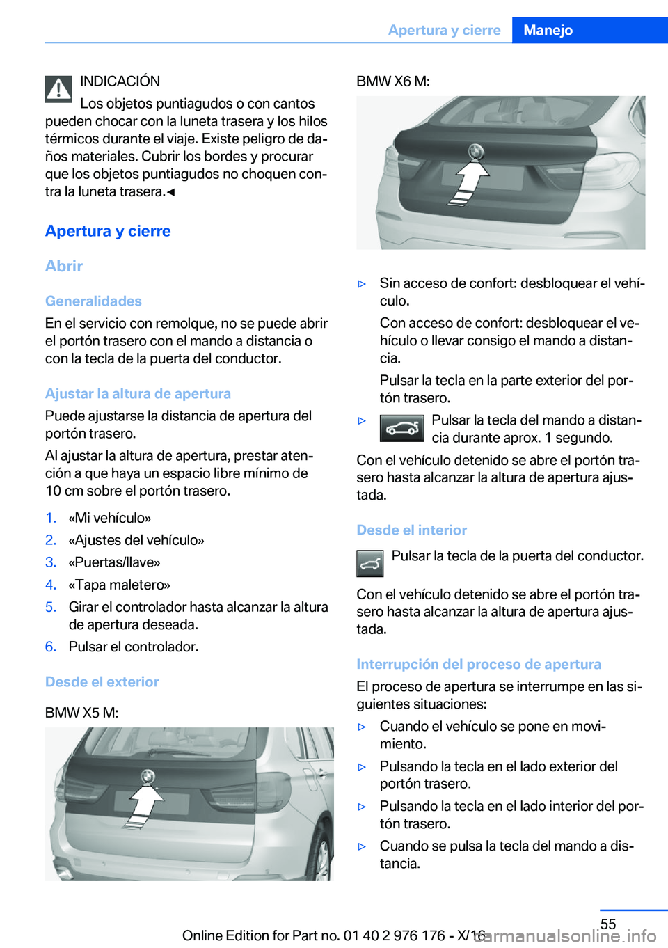 BMW X5 M 2017  Manuales de Empleo (in Spanish) �I�N�D�I�C�A�C�I�