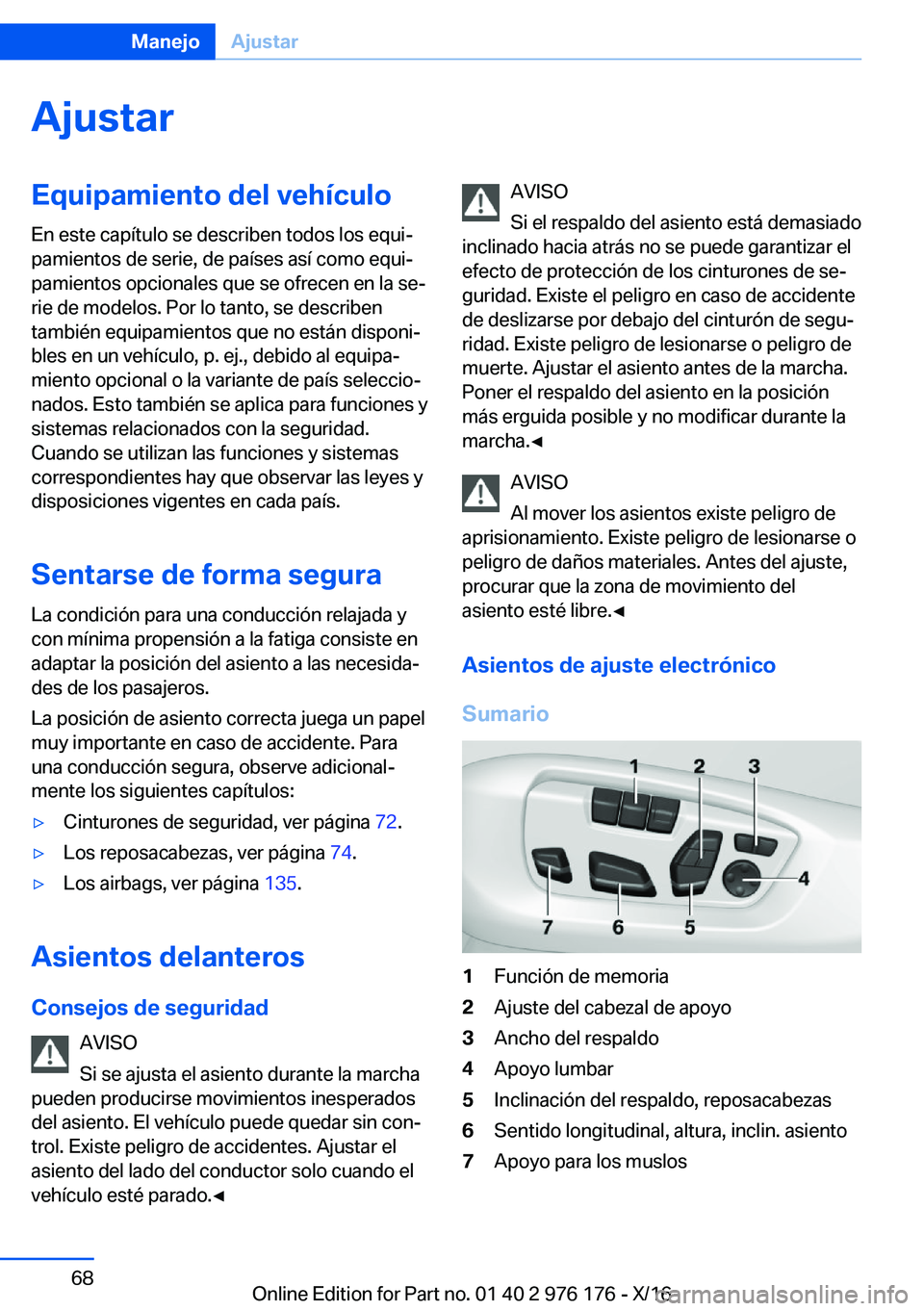 BMW X5 M 2017  Manuales de Empleo (in Spanish) �A�j�u�s�t�a�r�E�q�u�i�p�a�m�i�e�n�t�o��d�e�l��v�e�h�
