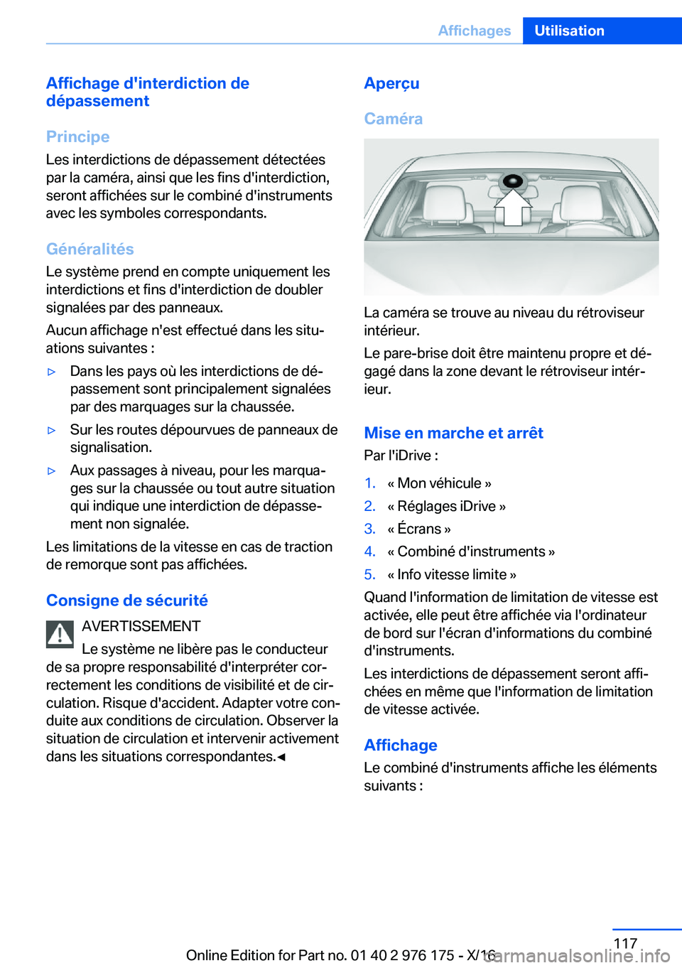 BMW X5 M 2017  Notices Demploi (in French) �A�f�f�i�c�h�a�g�e��d�'�i�n�t�e�r�d�i�c�t�i�o�n��d�e
�d�é�p�a�s�s�e�m�e�n�t
�P�r�i�n�c�i�p�e �L�e�s� �i�n�t�e�r�d�i�c�t�i�o�n�s� �d�e� �d�é�p�a�s�s�e�m�e�n�t� �d�é�t�e�c�t�é�e�s�p�a�r� �l�a�